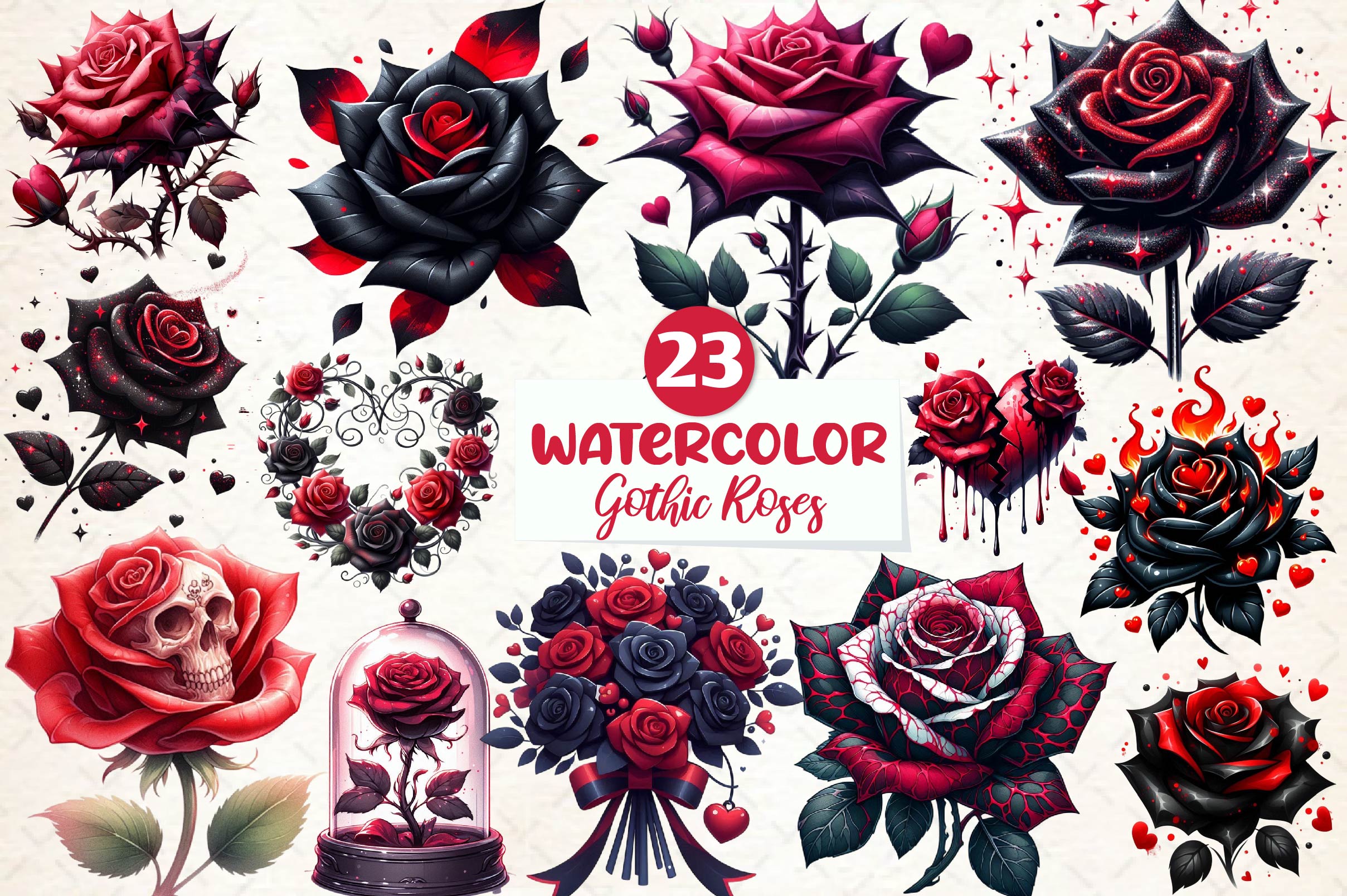 Valentine Gothic Roses Clipart Bundle