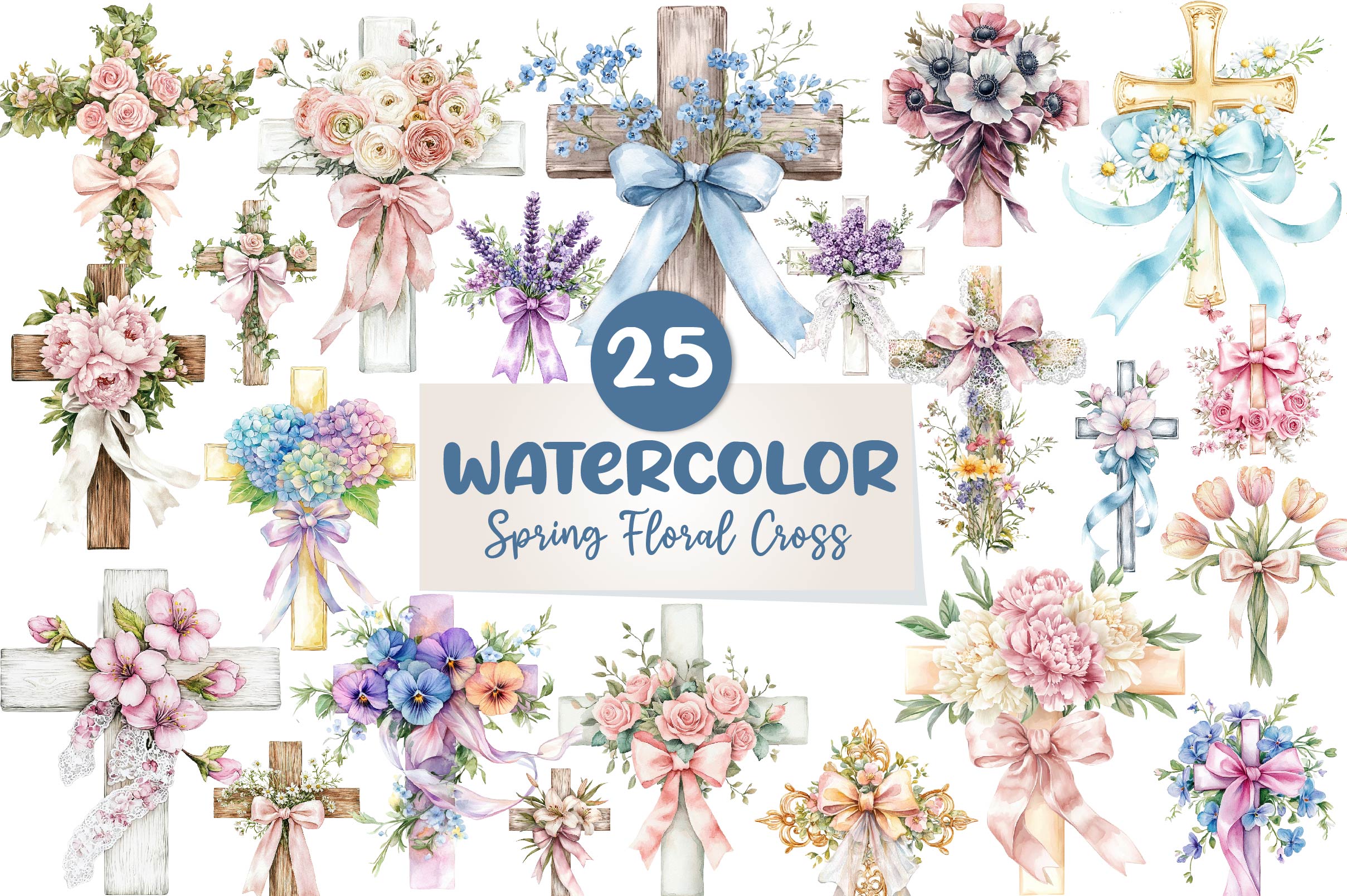 Spring Floral Cross Coquette Bow Clipart Bundle