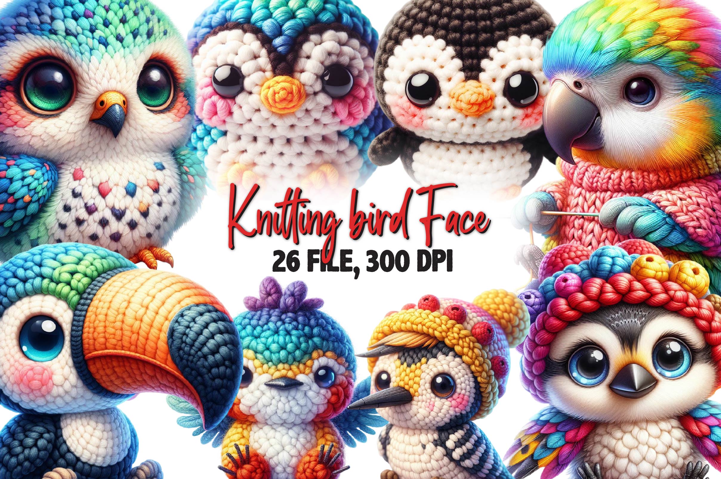 Knitting Bird Face Clipart Bundle