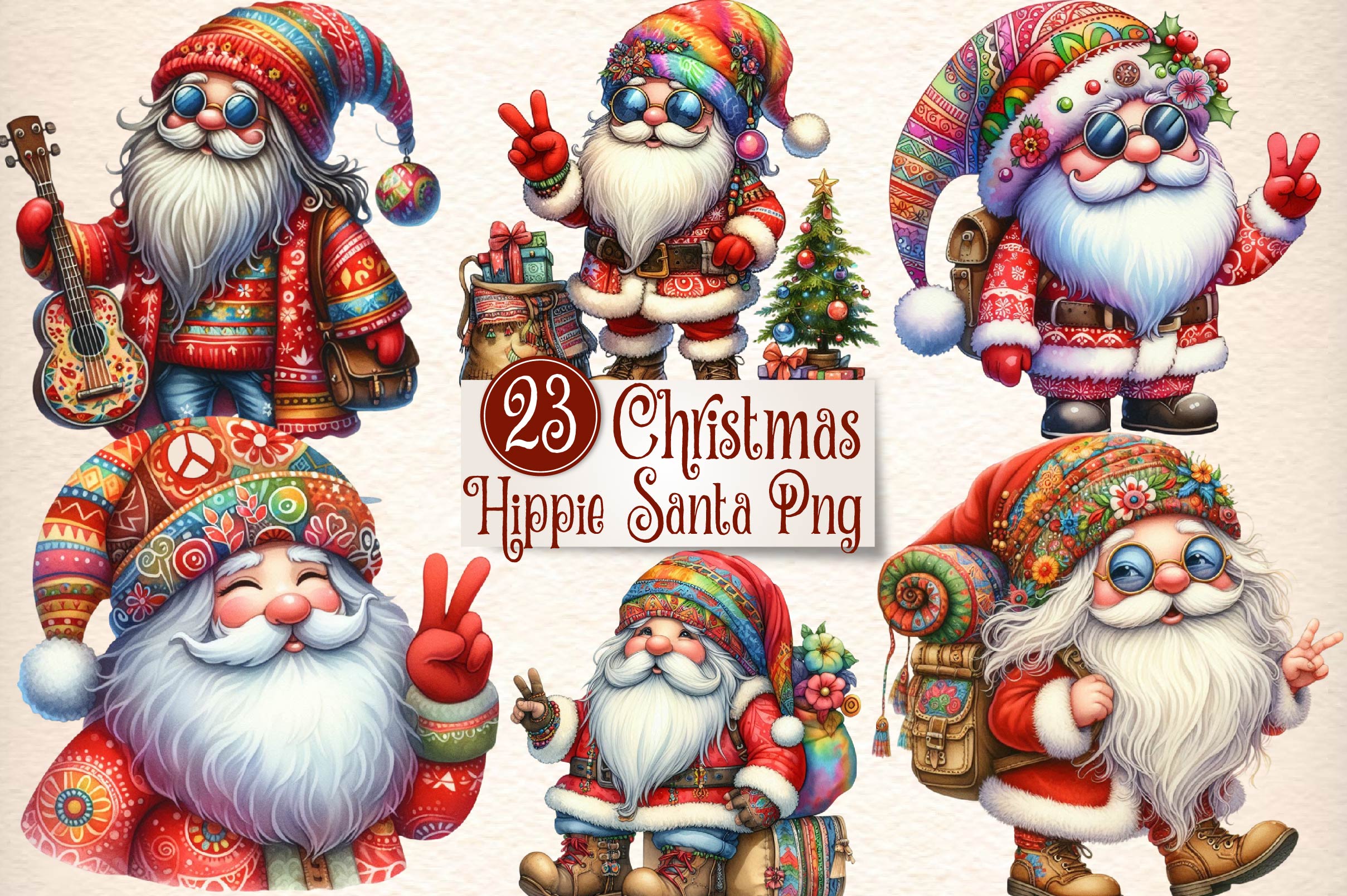 Hippie Santa Claus Clipart Bundle