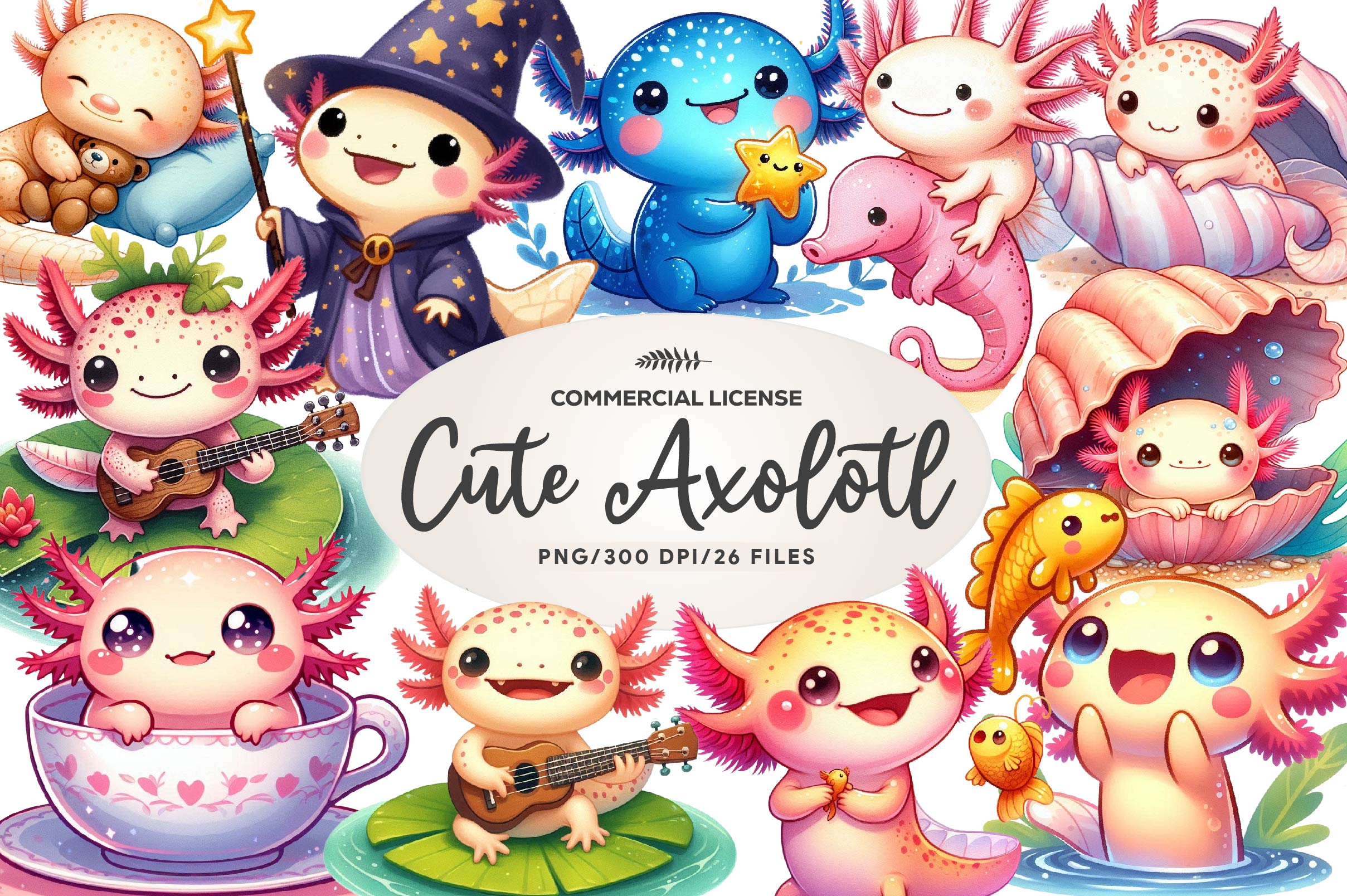 Cute Cartoon Axolotl Clipart Bundle