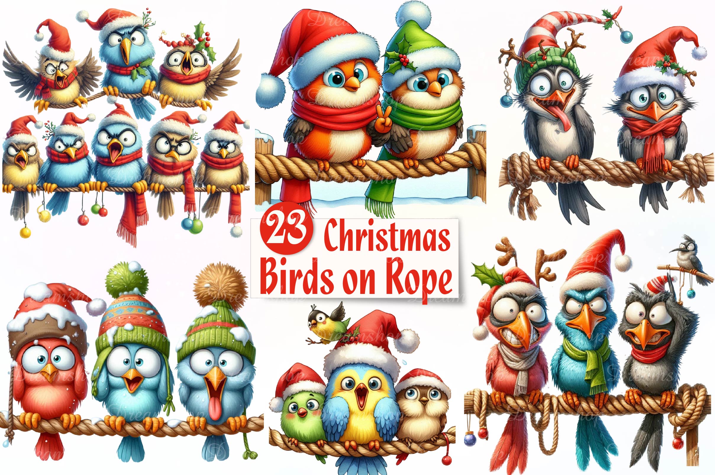 Christmas Funny Birds On Rope Clipart Bundle