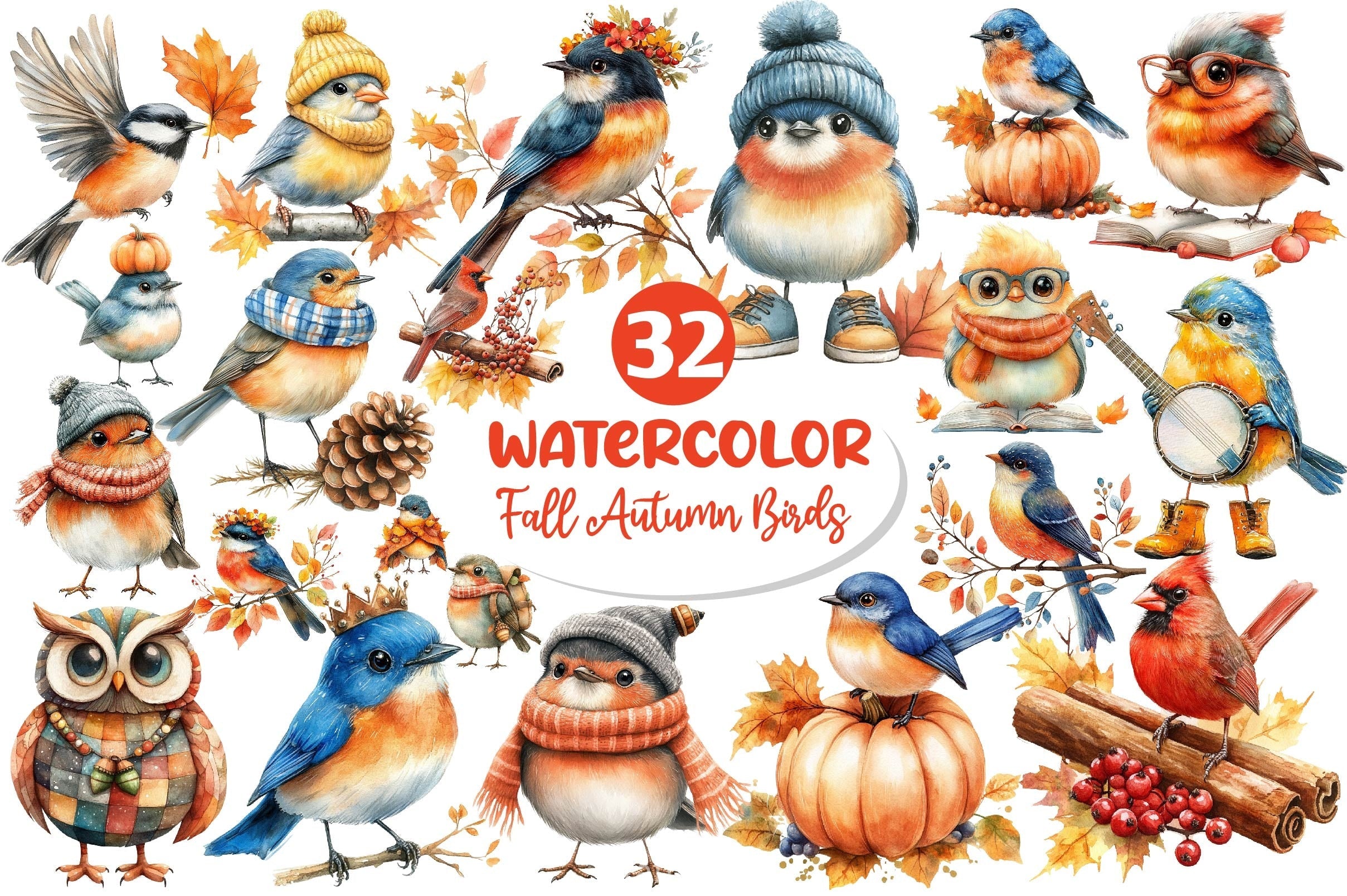Whimsical Fall Autumn Birds Clipart Bundle