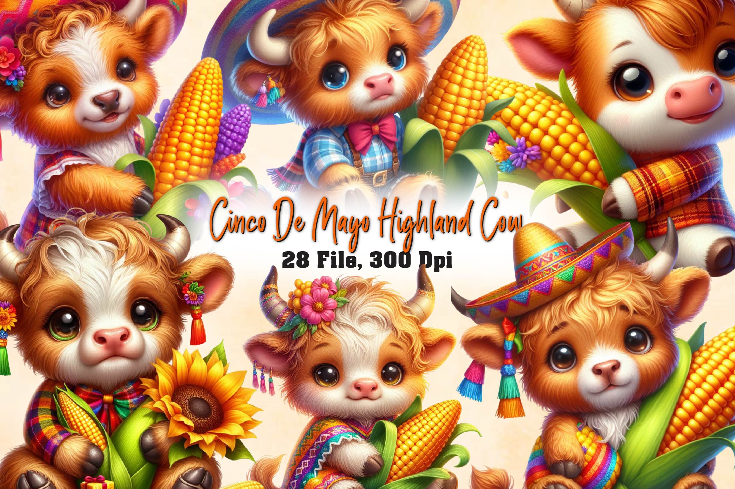 Cinco De Mayo Highland Cow Clipart Bundle