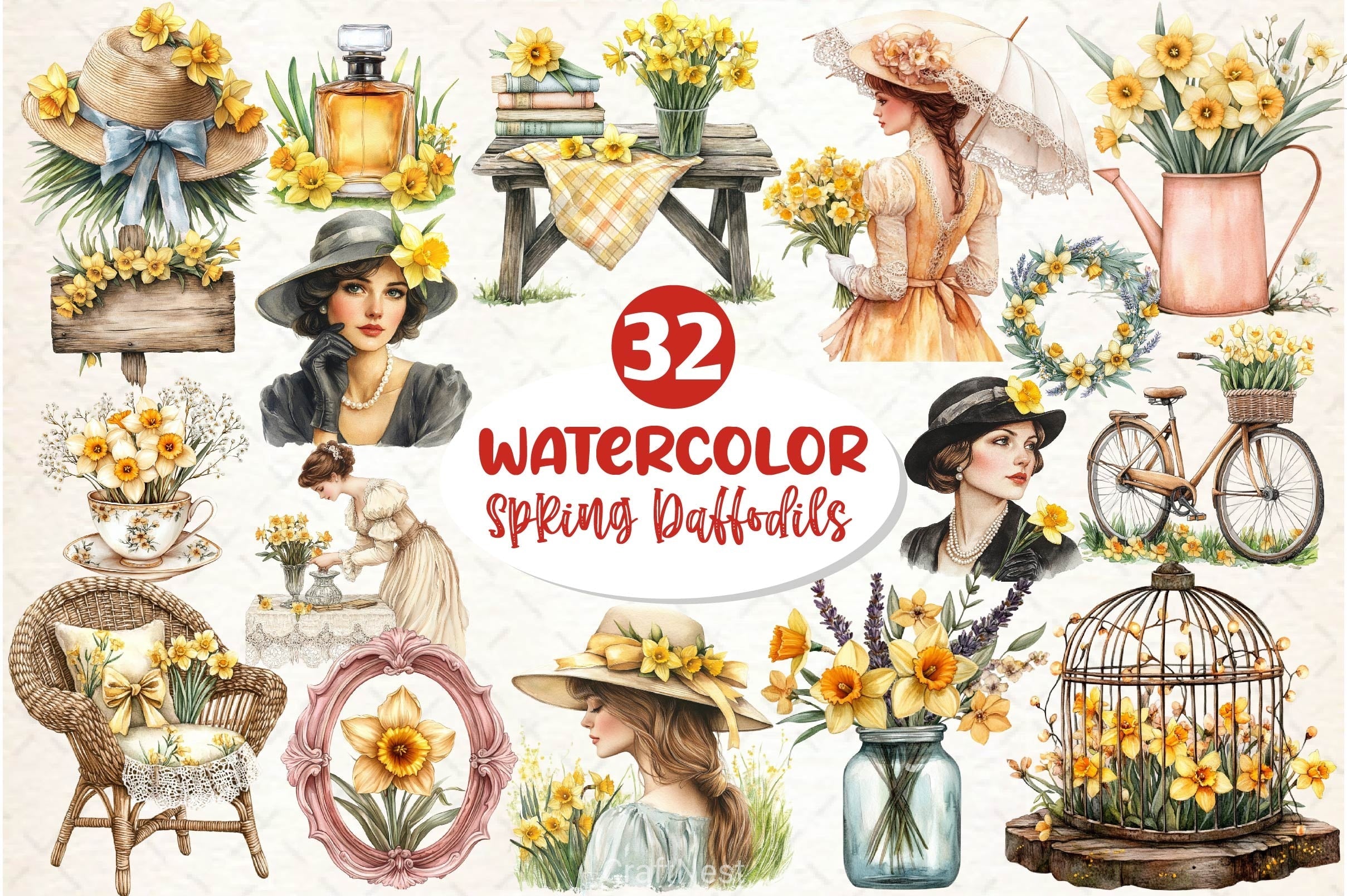 Spring Daffodils Coquette Clipart Bundle