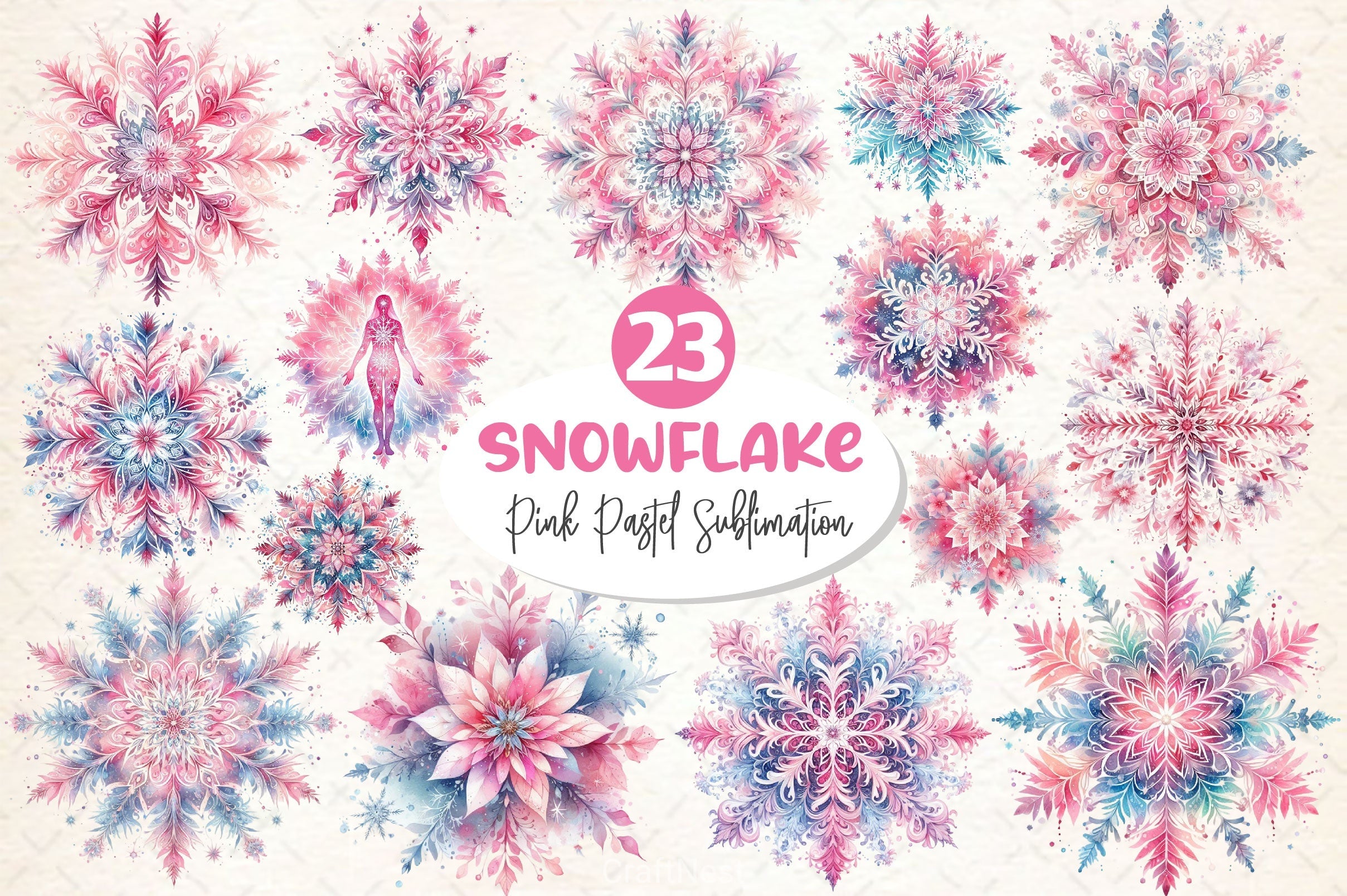 Pink Pastel Snowflake Clipart Bundle