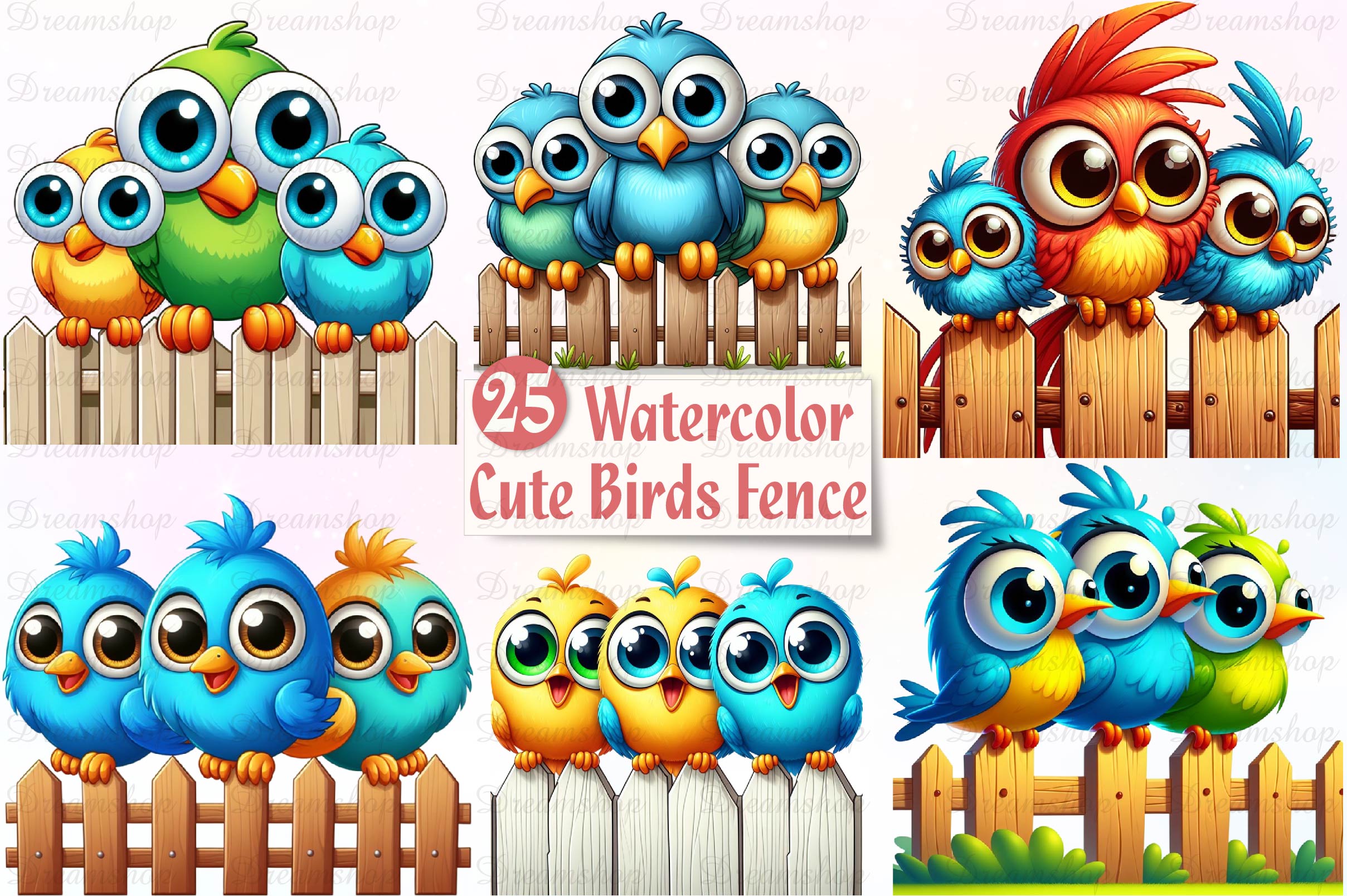 Funny Birds On Fence Clipart Bundle