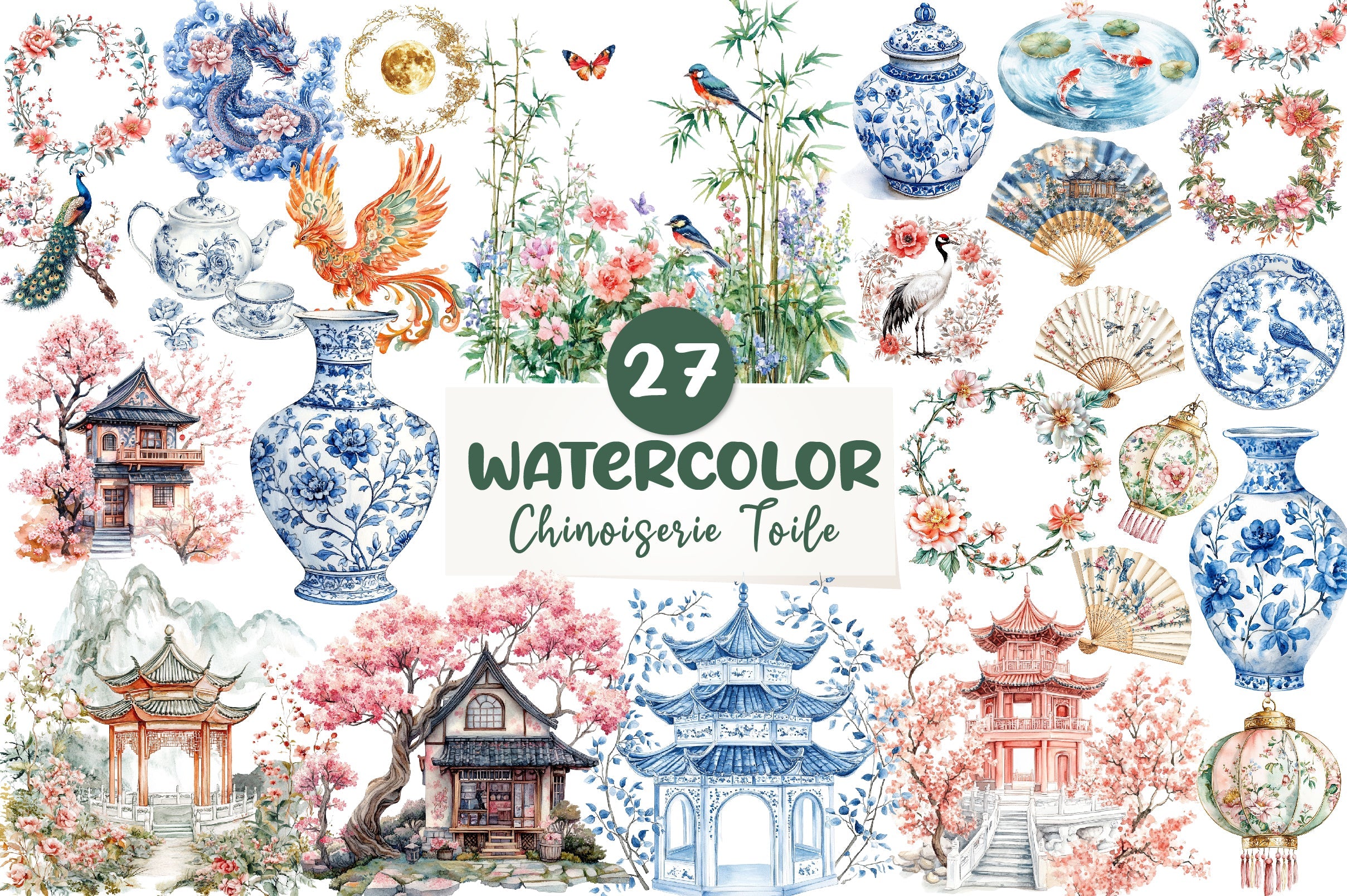 Chinoiserie Toile De Jouy Clipart Bundle