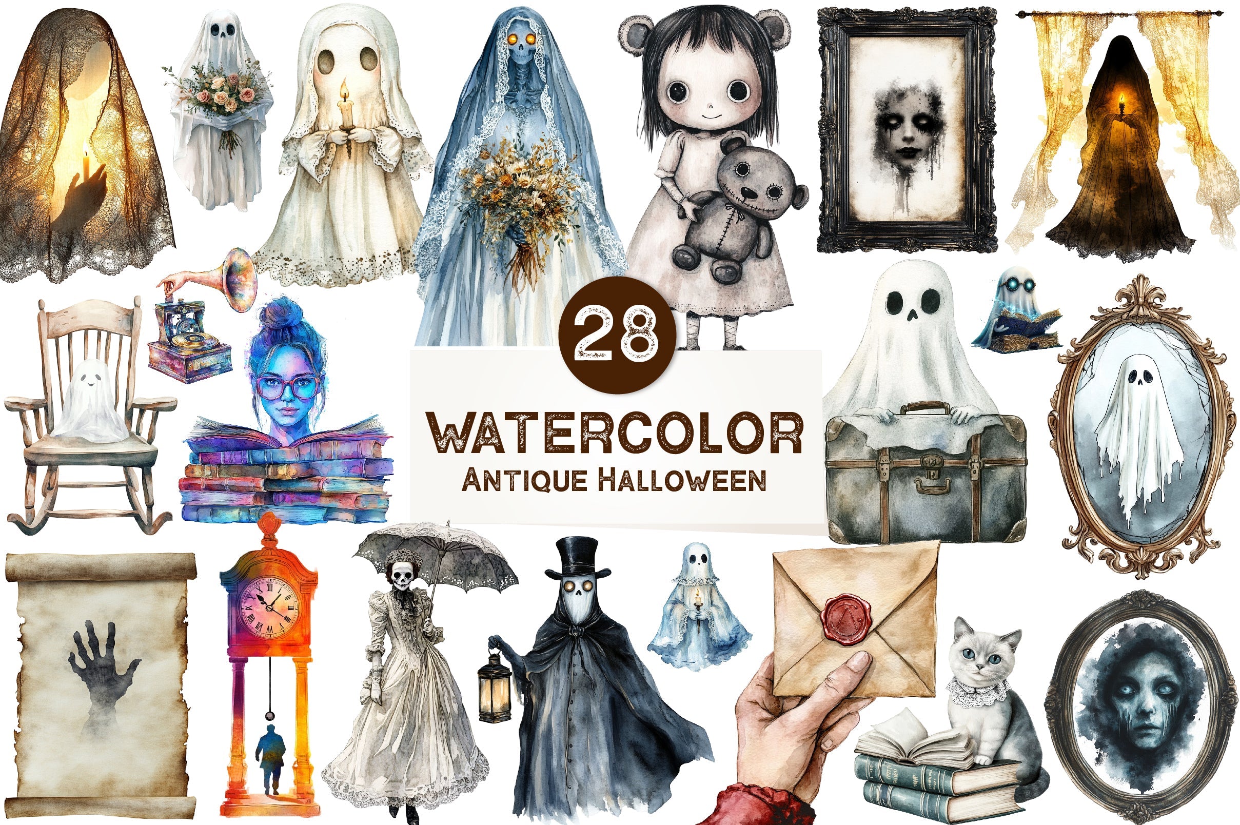 Antique Halloween Ghost Clipart Bundle