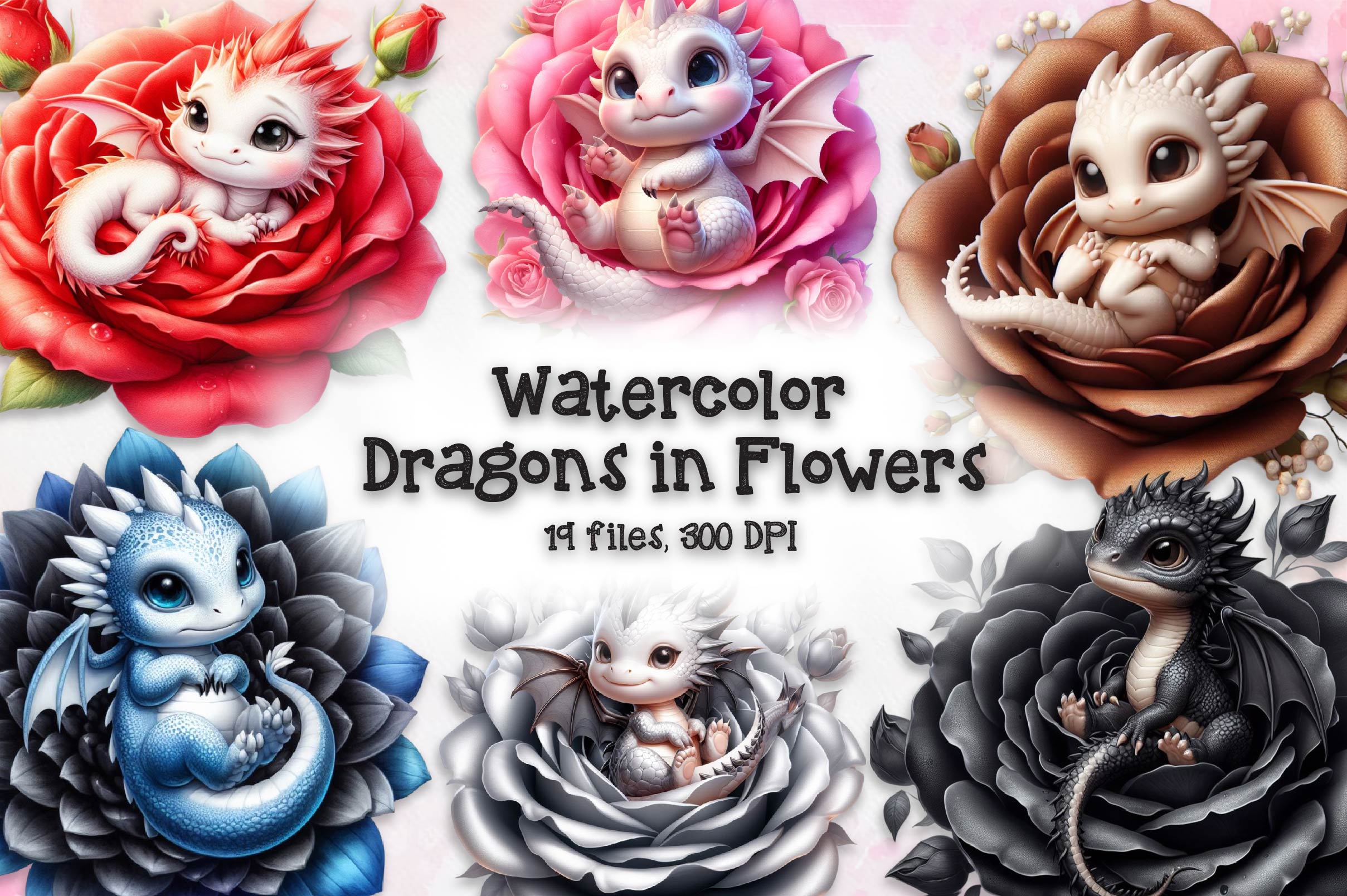 Baby Dragons In Flowers Clipart Bundle