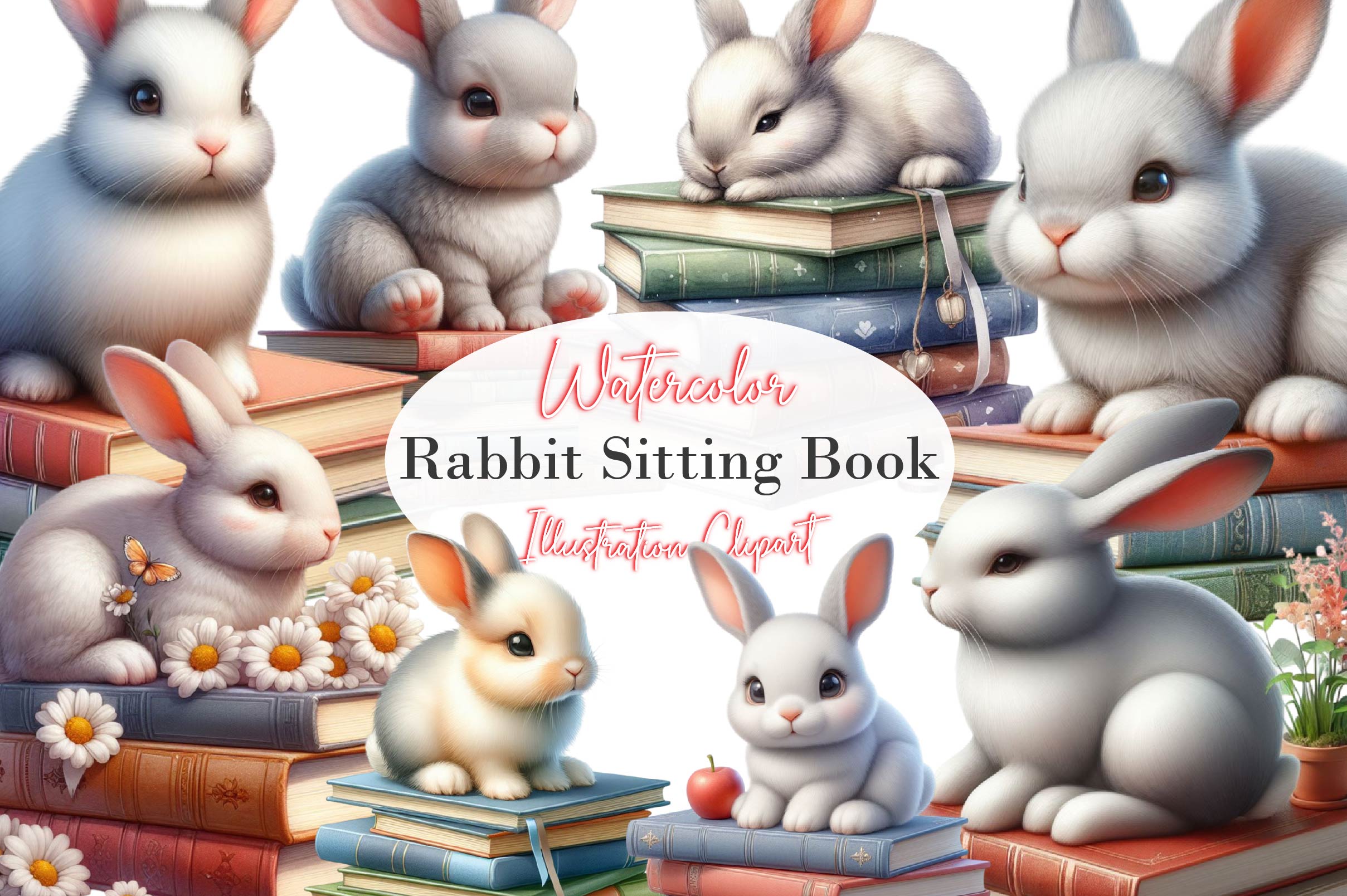 Rabbit Sitting Book Clipart Bundle