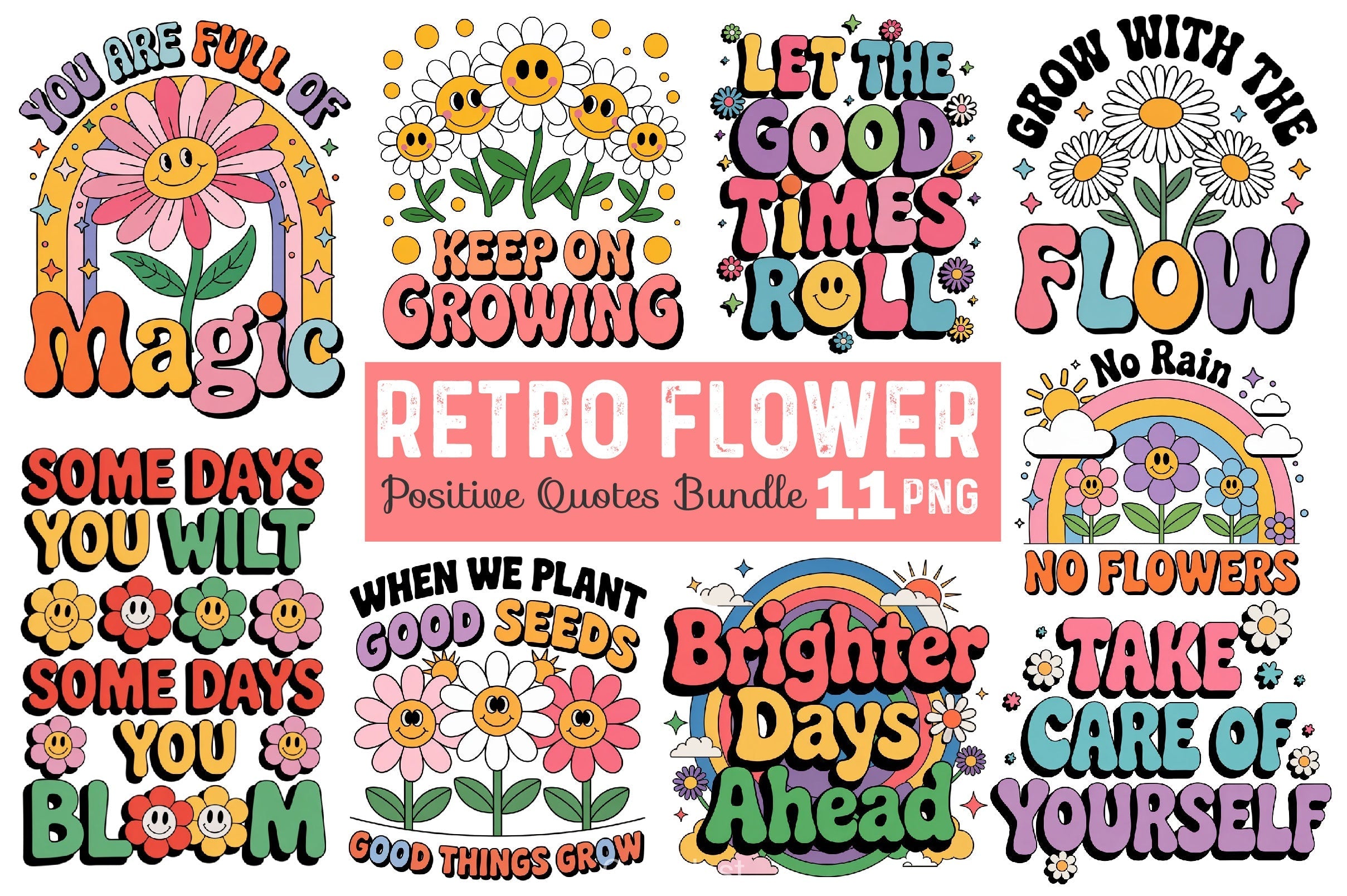 Positive Quotes Retro Flower Clipart Bundle