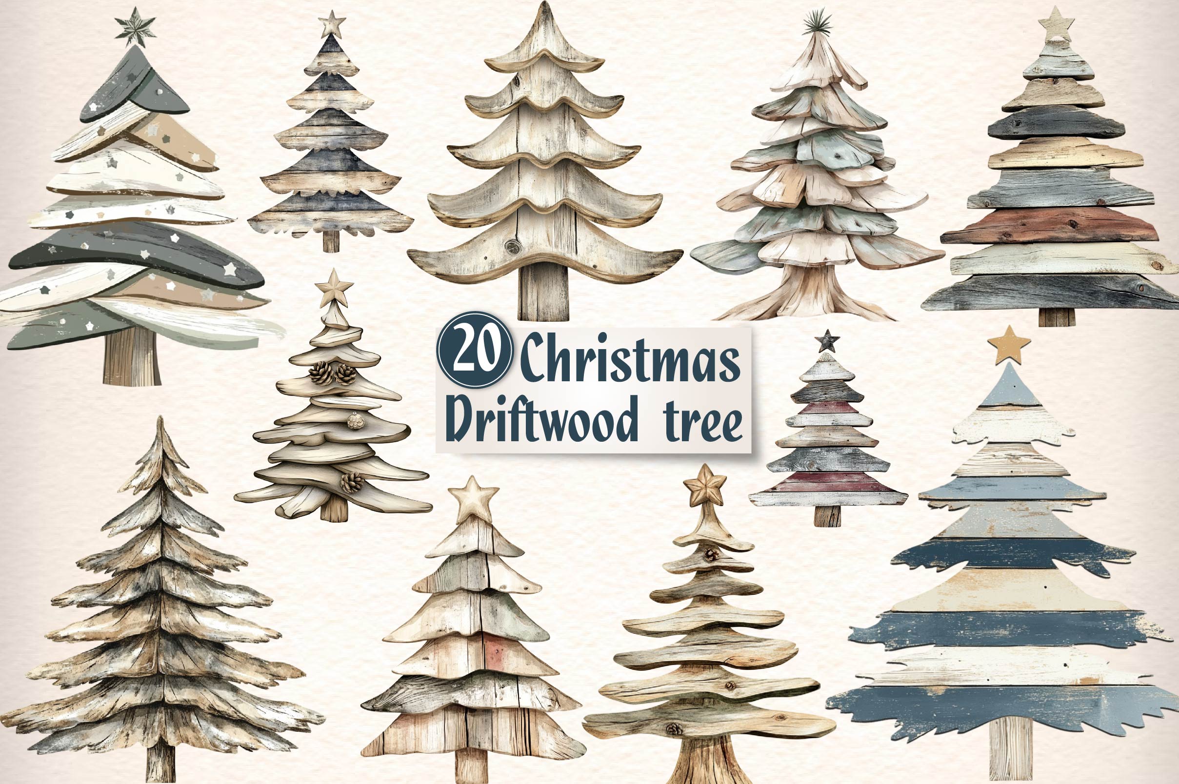Driftwood Christmas Tree Clipart Bundle