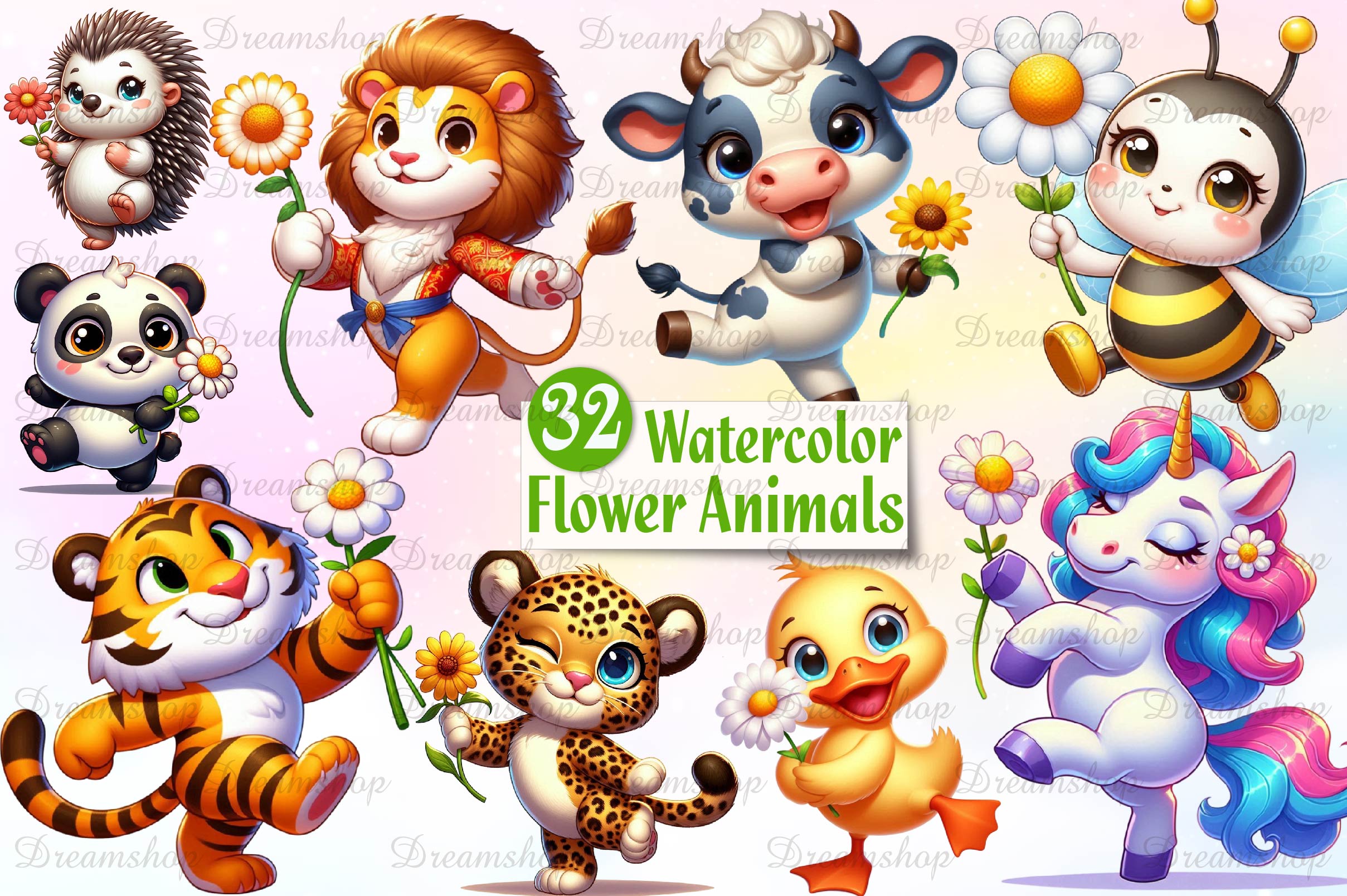 Cute Animals And Daisy Flower Clipart Bundle