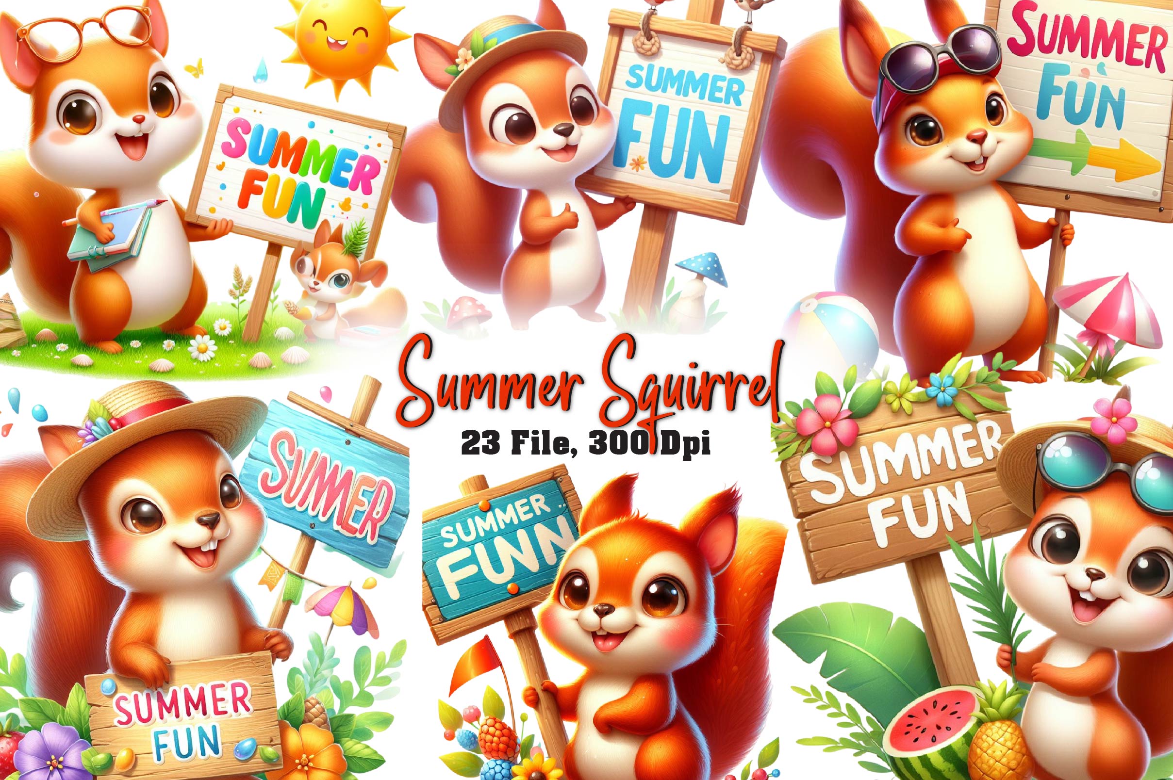 Summer Squirrel Clipart Bundle