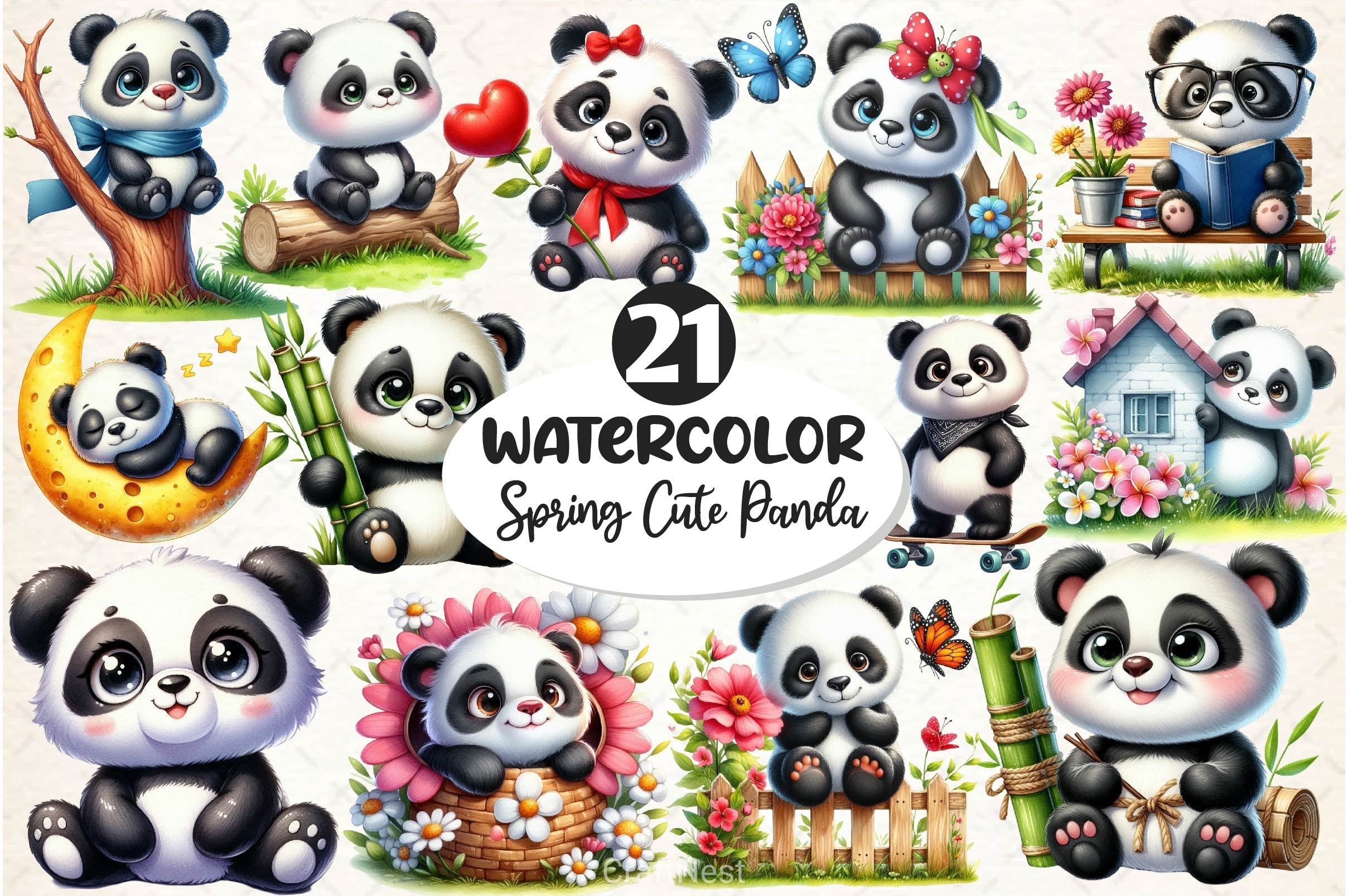 Spring Cute Panda Clipart Bundle