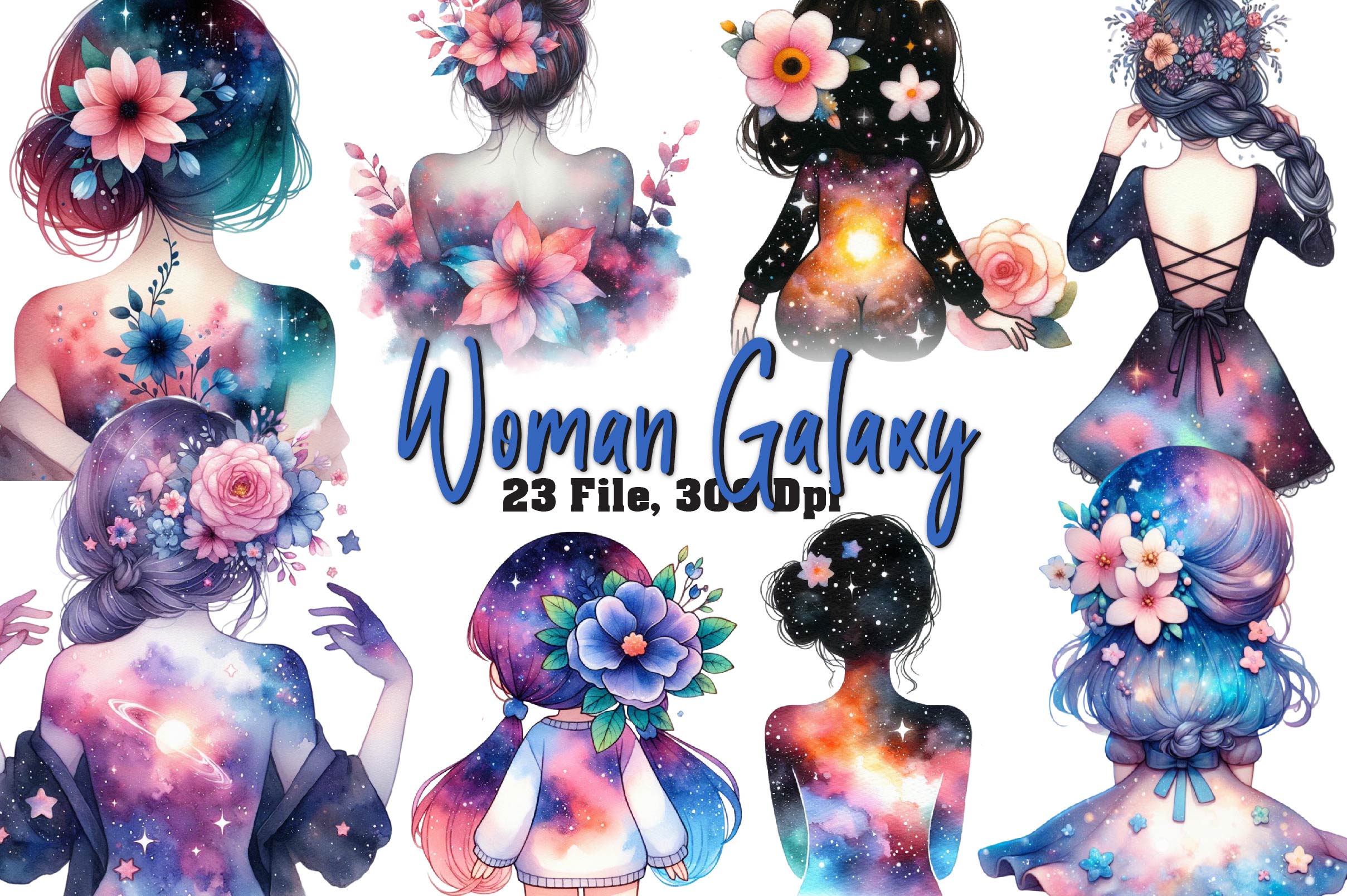 Woman Flowers And Galaxy Clipart Bundle