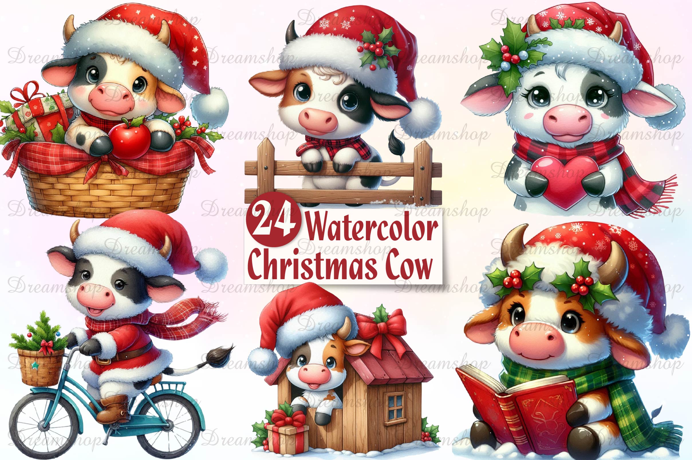 Cute Christmas Cows Clipart Bundle