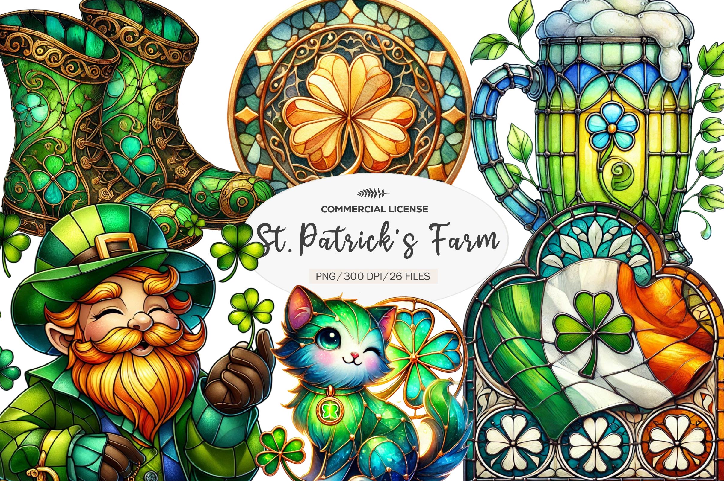 Stained Glass St Patricks Day Clipart Bundle