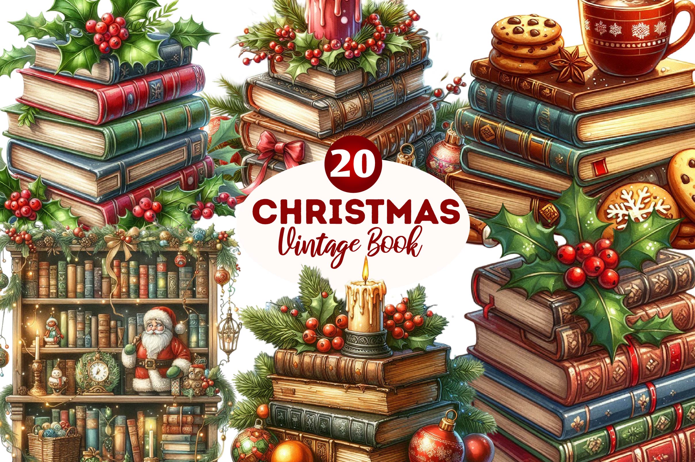 Vintage Book Christmas Clipart Bundle