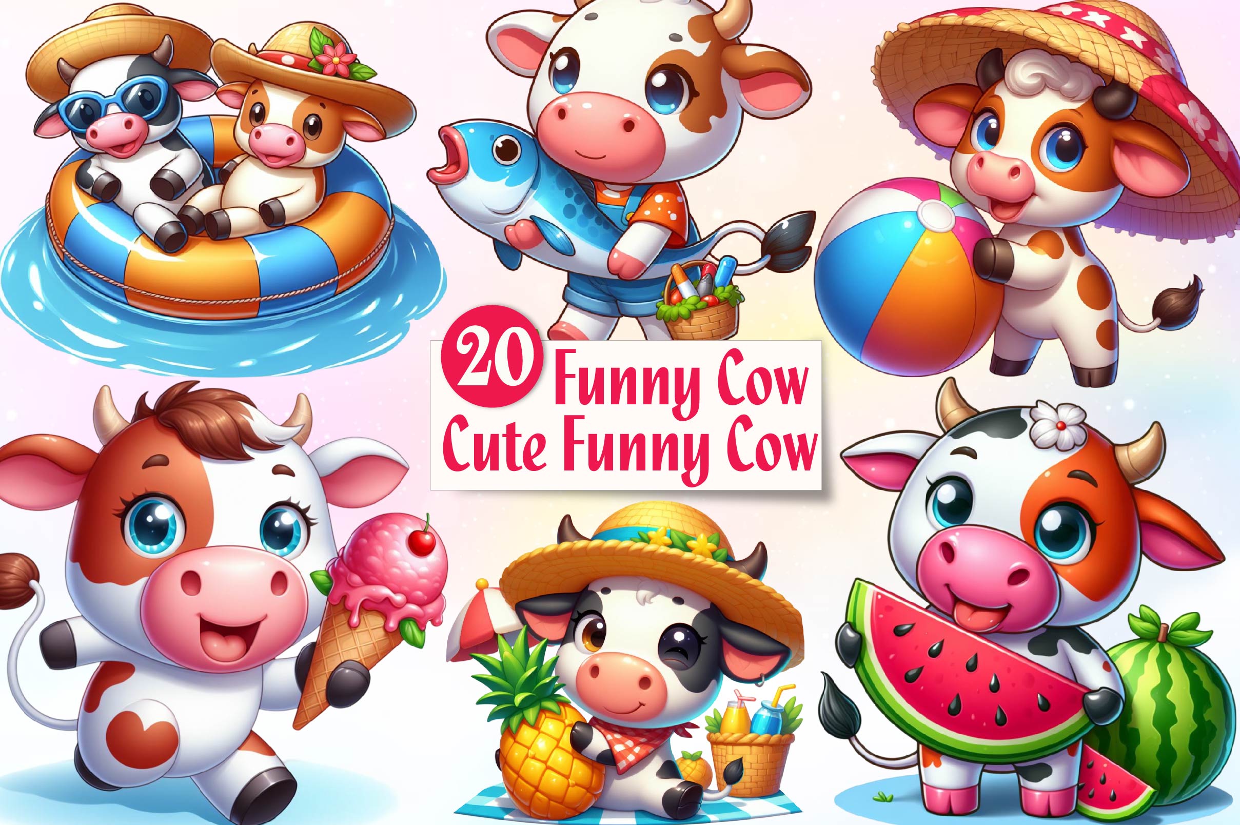 Funny Cow In Pool Party Clipart Bundle