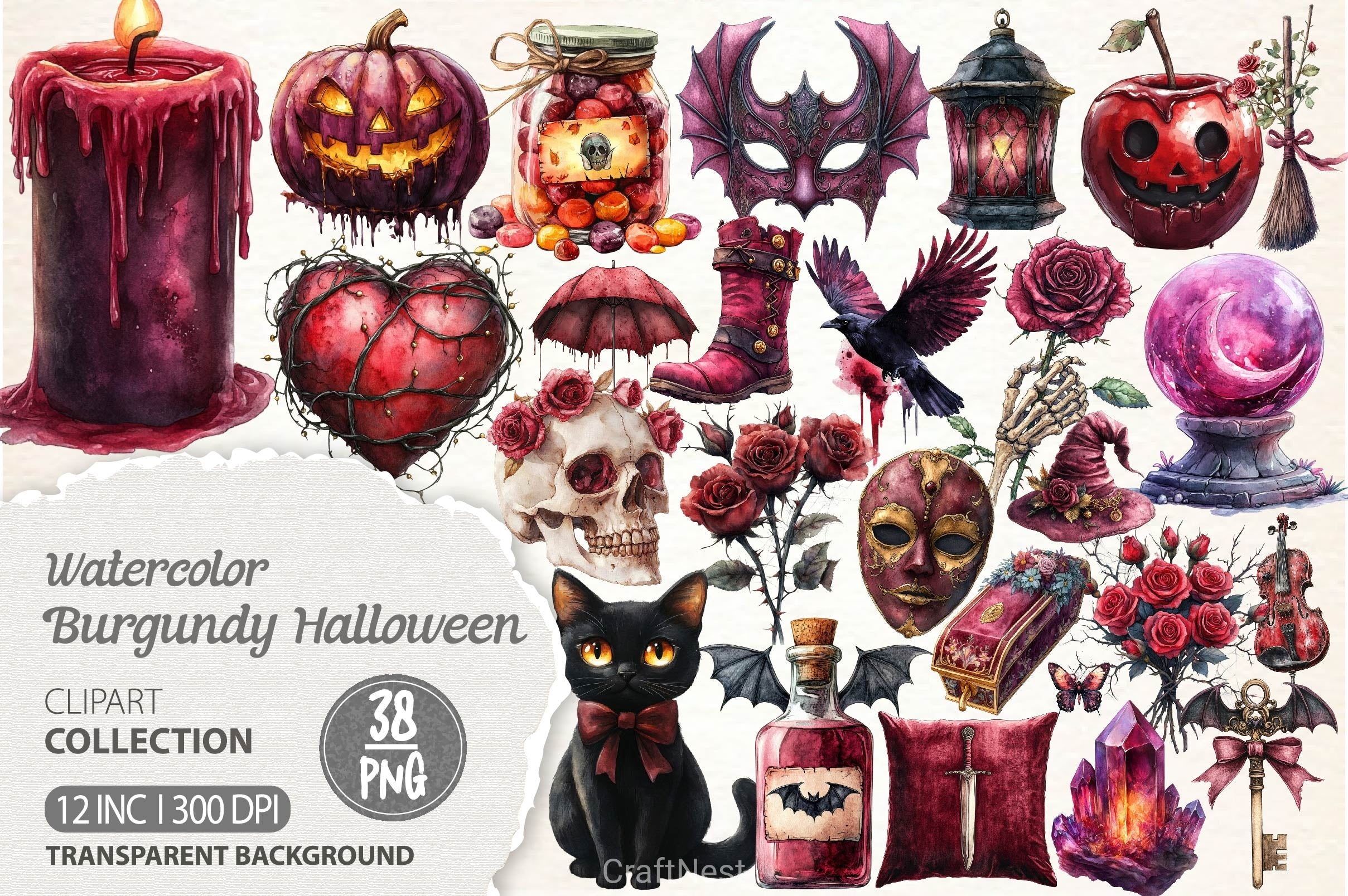 Burgundy Halloween Clipart Bundle 2