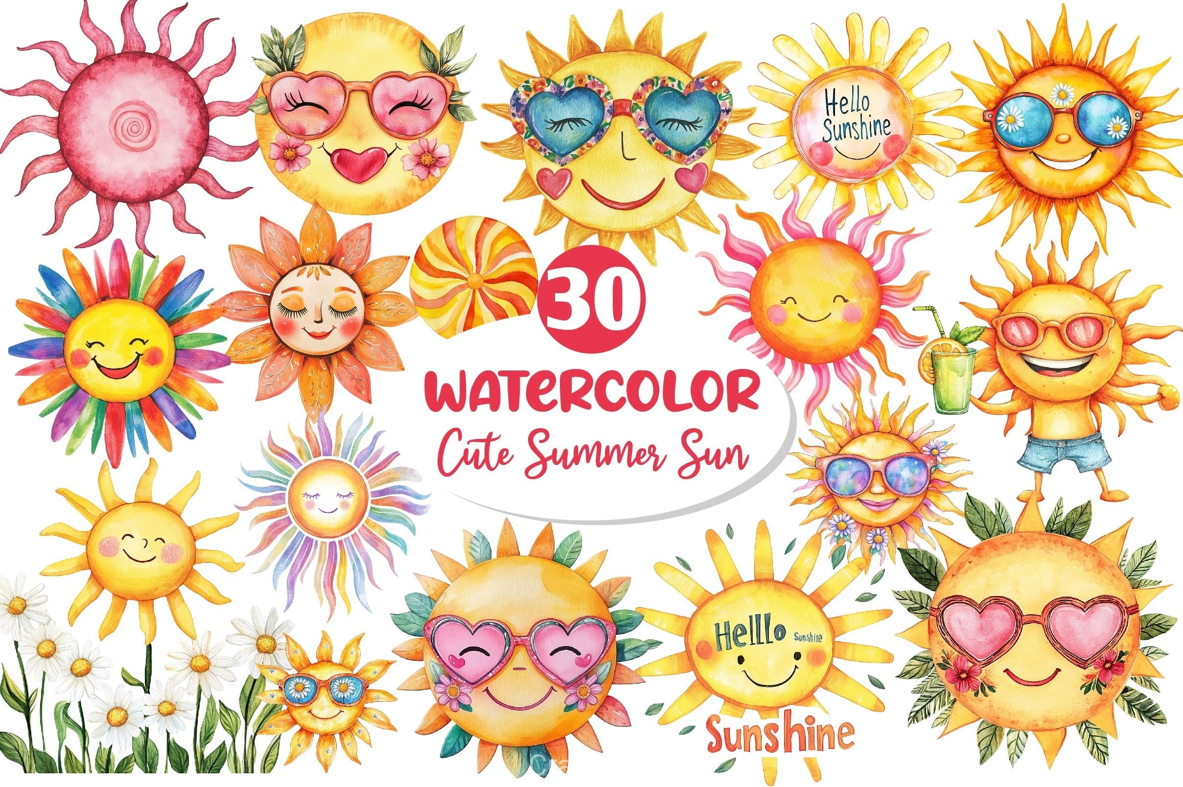 Groovy Cute Summer Sun Clipart Bundle