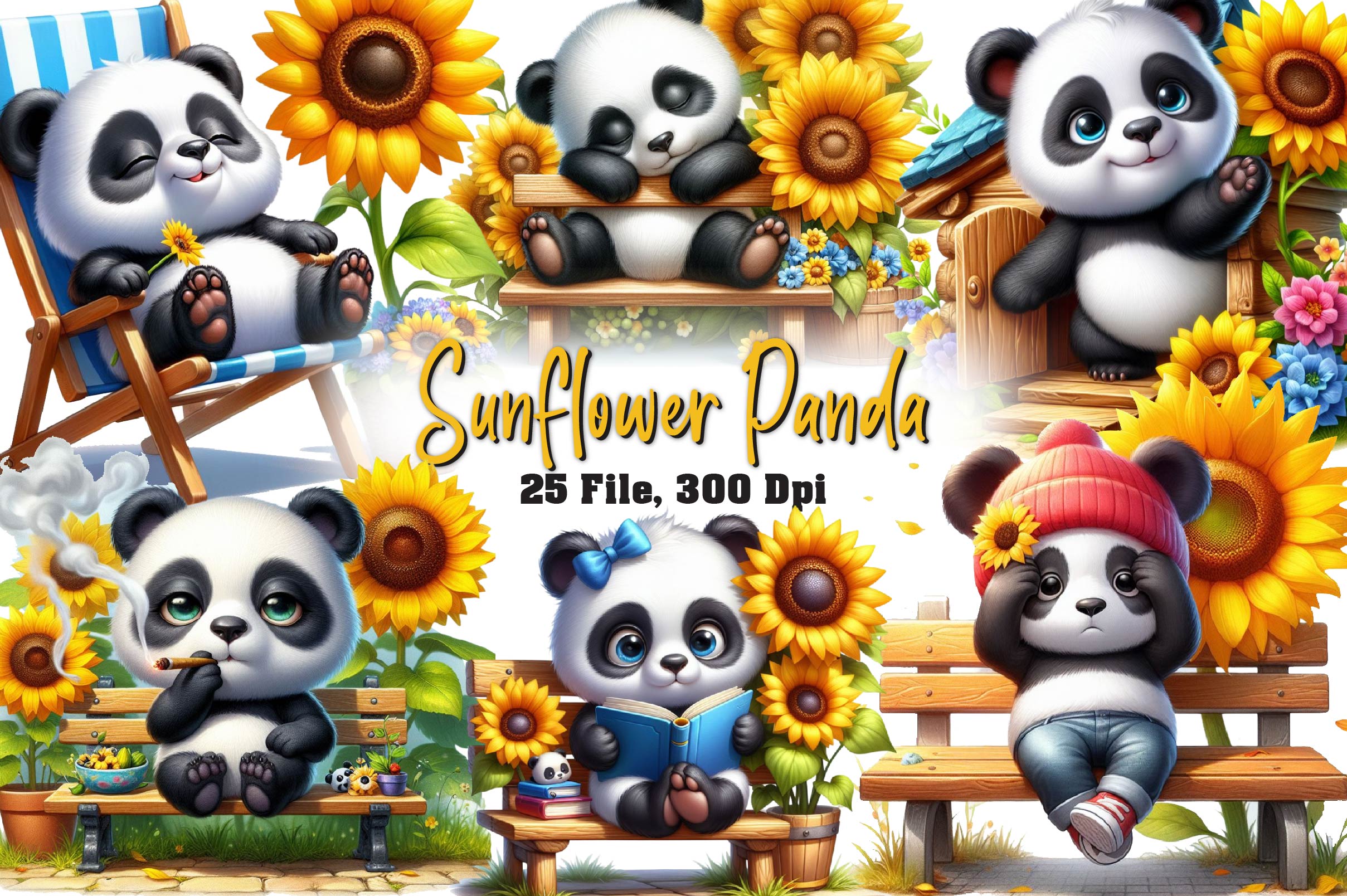 Sunflower Panda Clipart Bundle