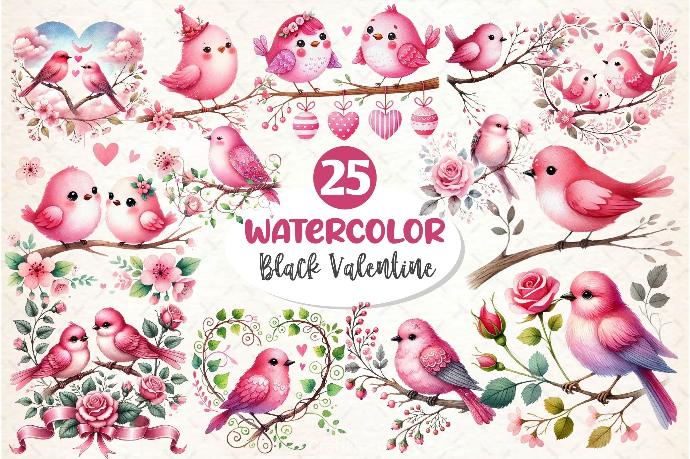 Pink Valentine Birds Clipart Bundle