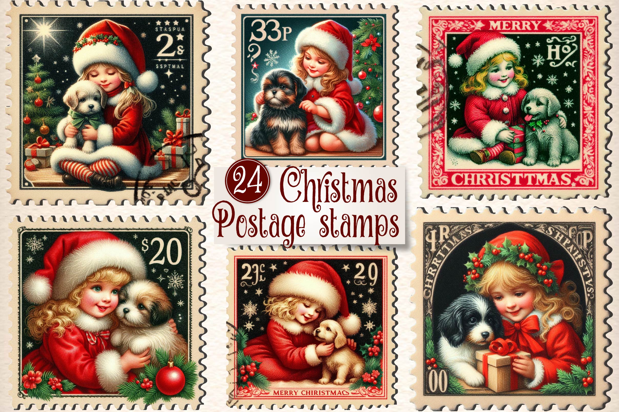 Christmas Girl Postage Stamps Clipart Bundle