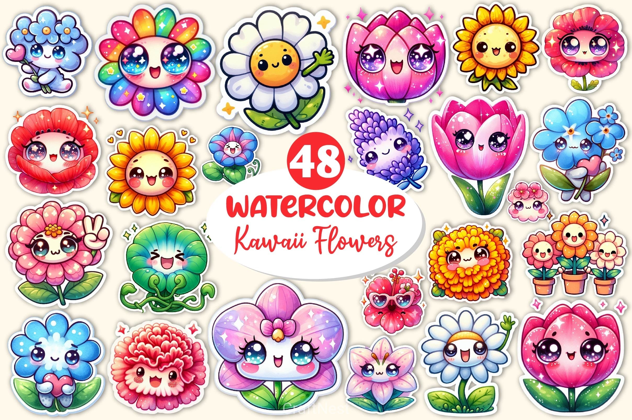 Kawaii Flowers Stickers Sticker Clipart Bundle