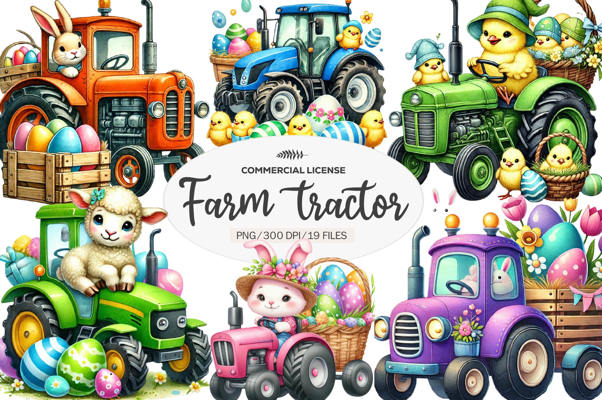Easter Farm Tractor Clipart Bundle