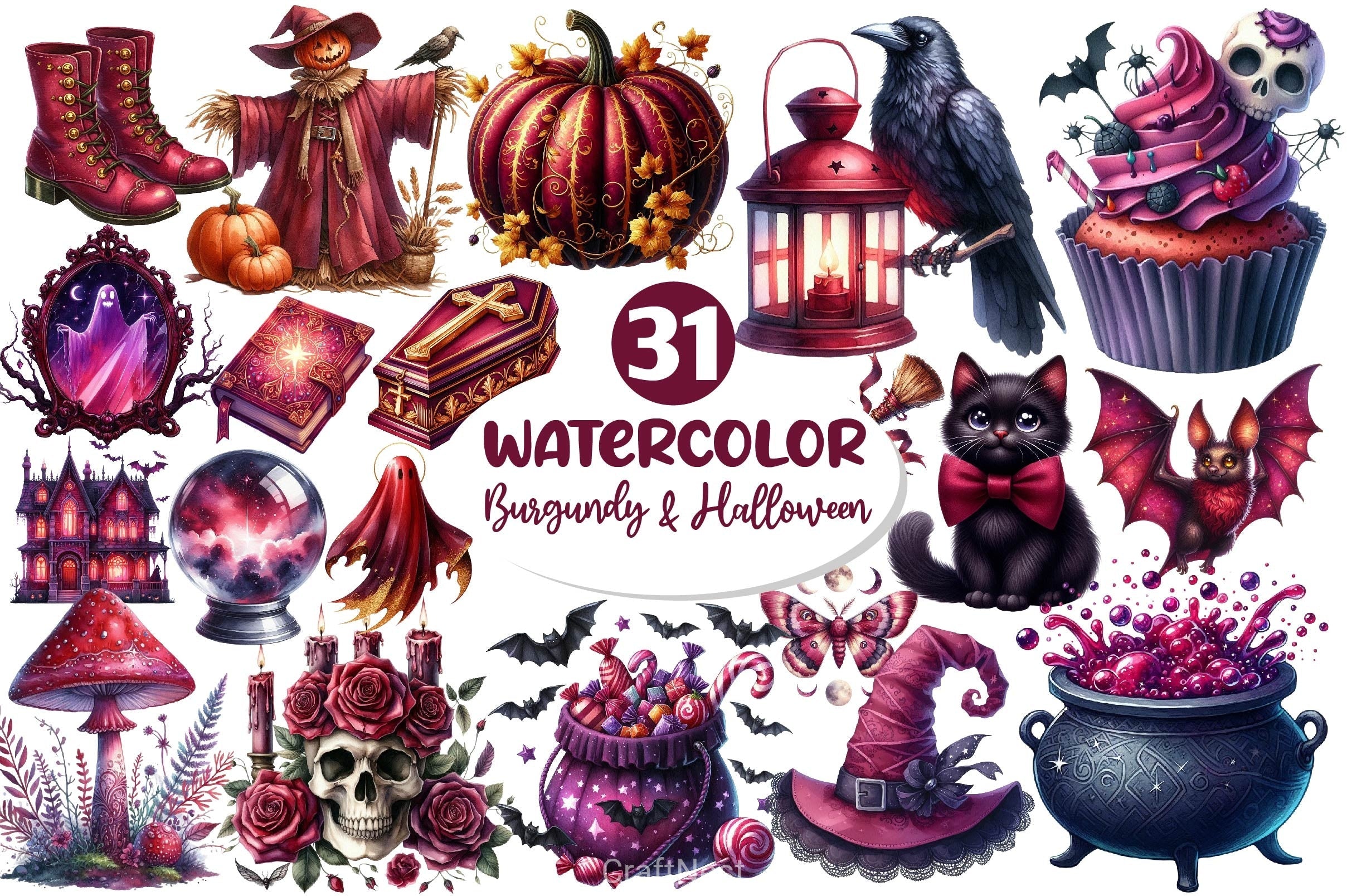 Burgundy & Halloween Clipart Bundle 89