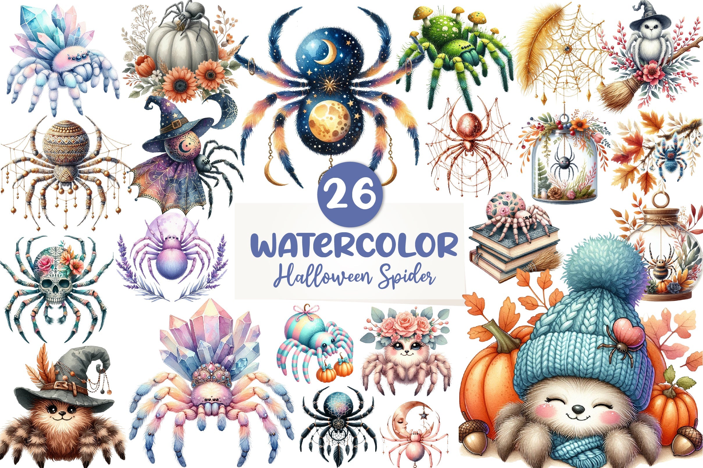 Boho Halloween Spider Clipart Bundle
