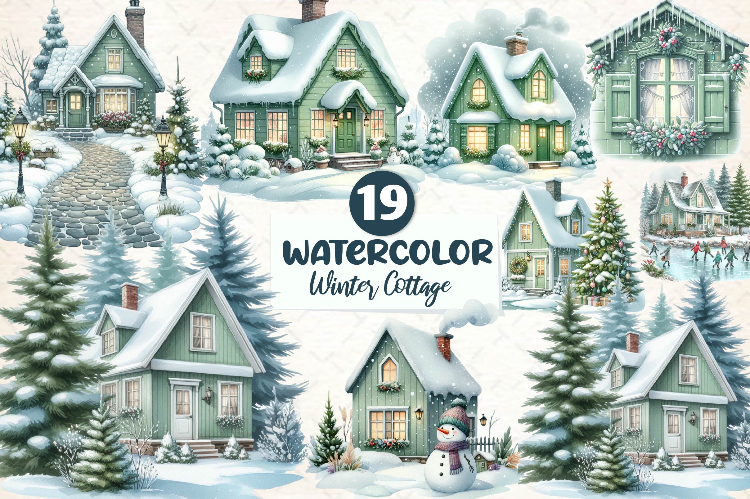 Sage Green Winter Cottage Clipart Bundle