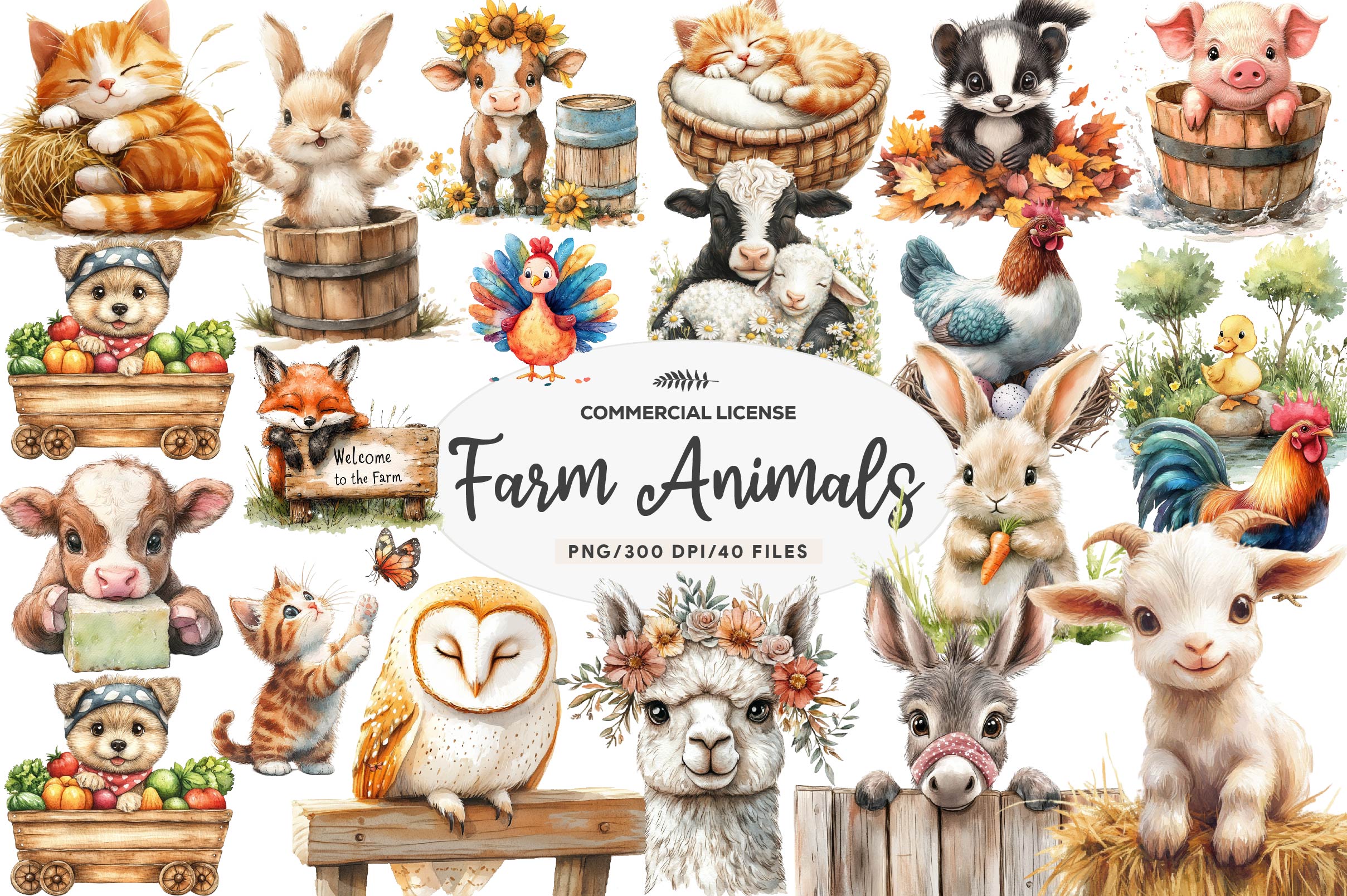 Cute On The Farm Animals Clipart Bundle
