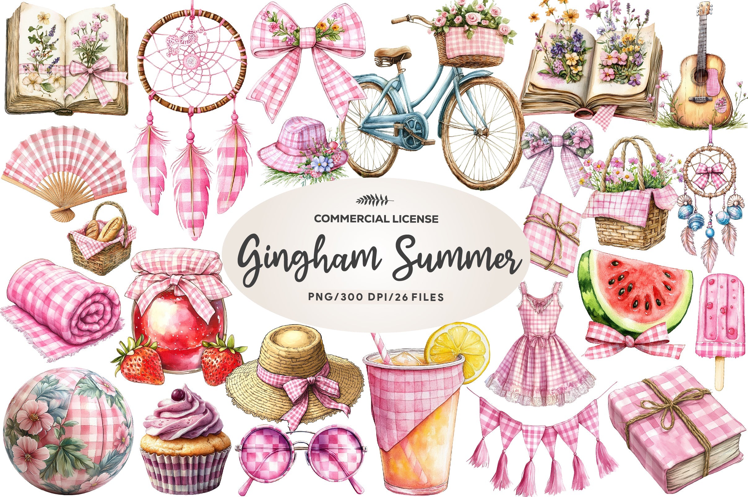 Bohemian Pink Gingham Summer Clipart Bundle