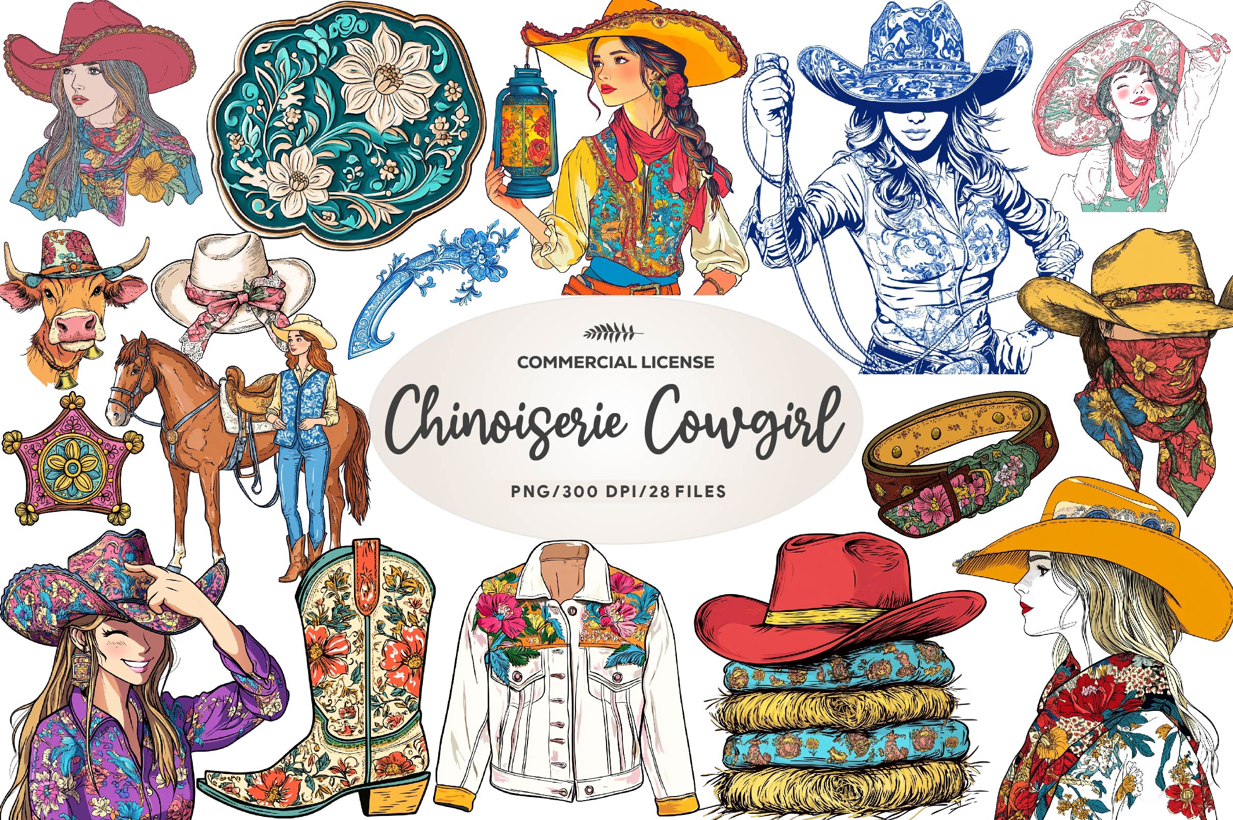 Cute Chinoiserie Cowgirl Clipart Bundle
