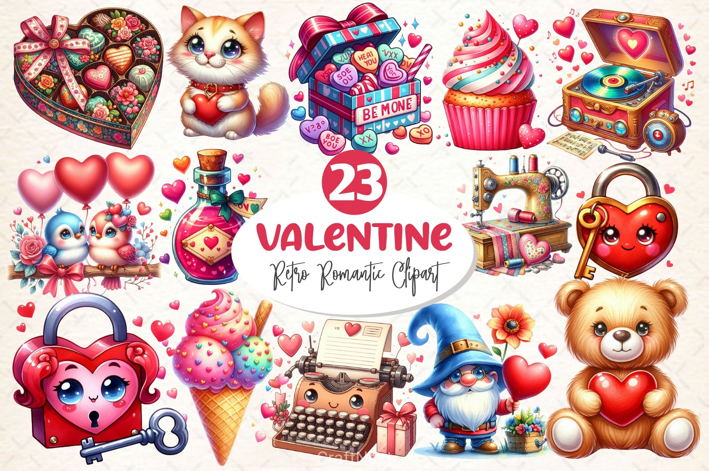 Retro Romantic Valentine Clipart Bundle 2