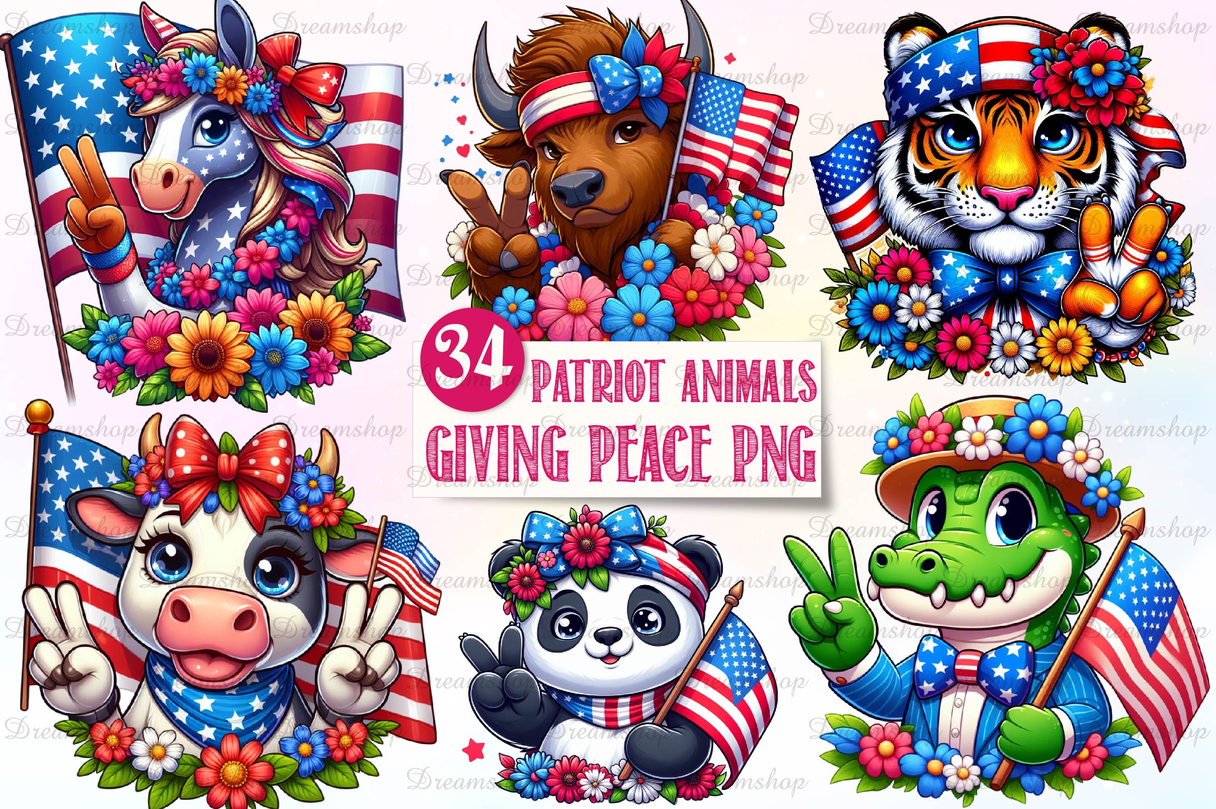 Patriot Animals Giving Peace Sign Clipart Bundle