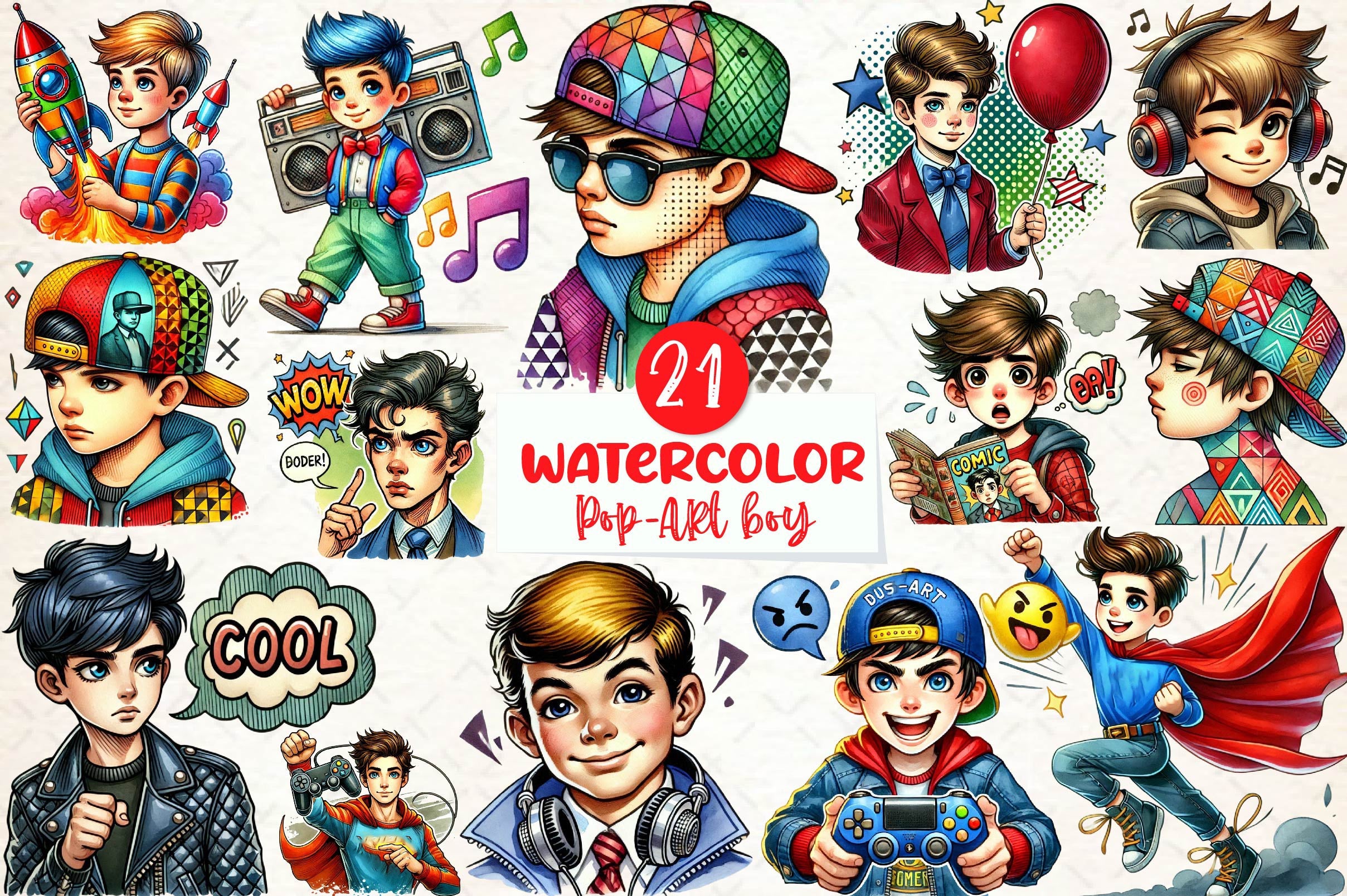 Pop Art Boy Clipart Bundle