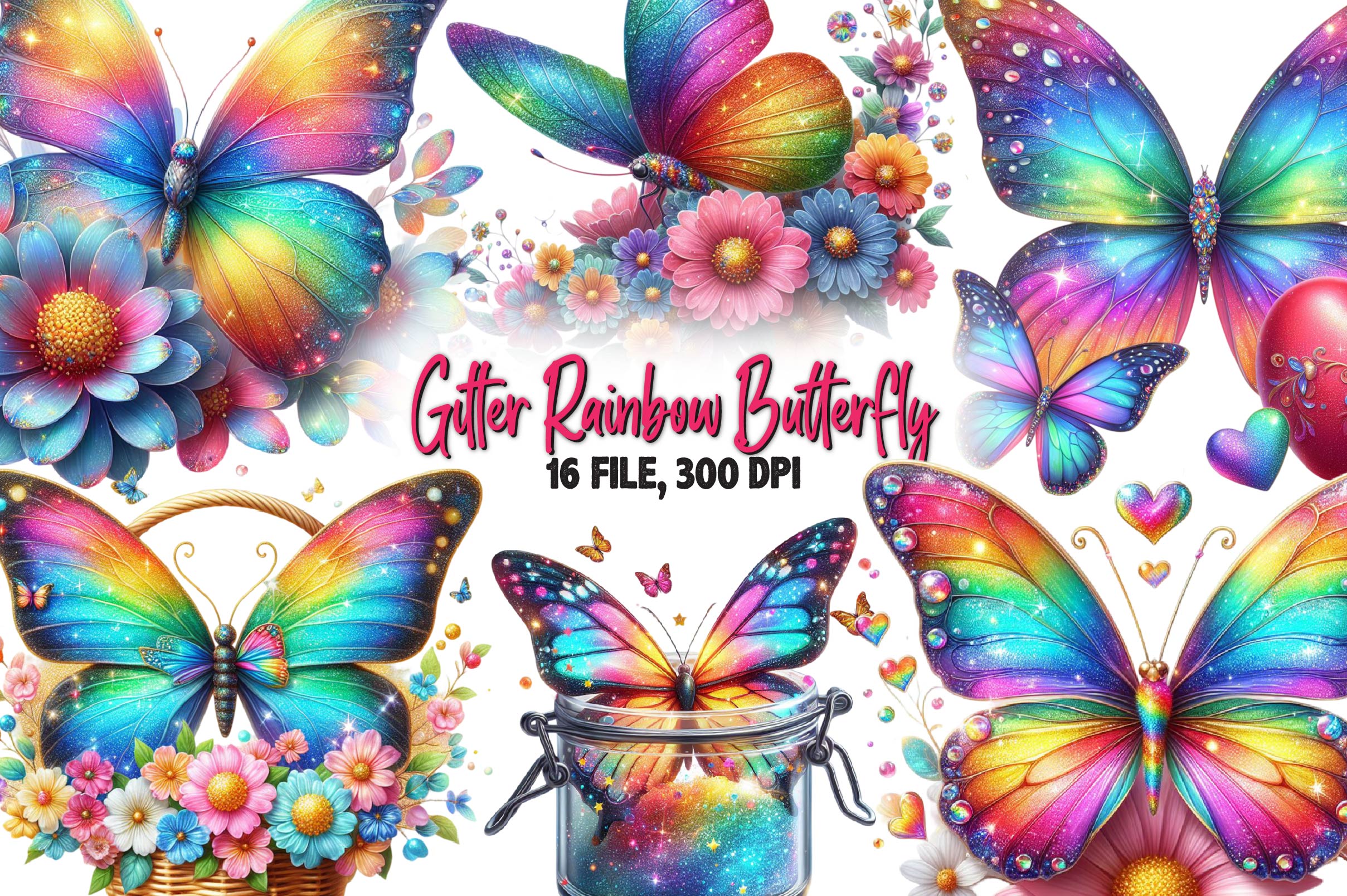 Glitter Rainbow Butterfly Clipart Bundle