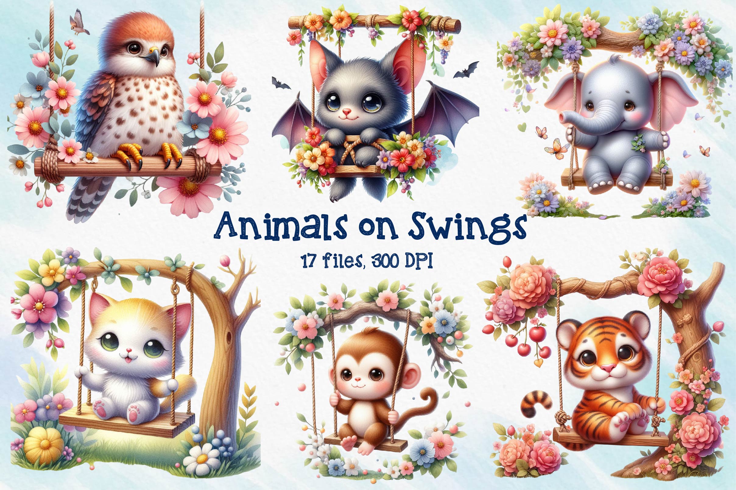 Animals On Swings Clipart Bundle