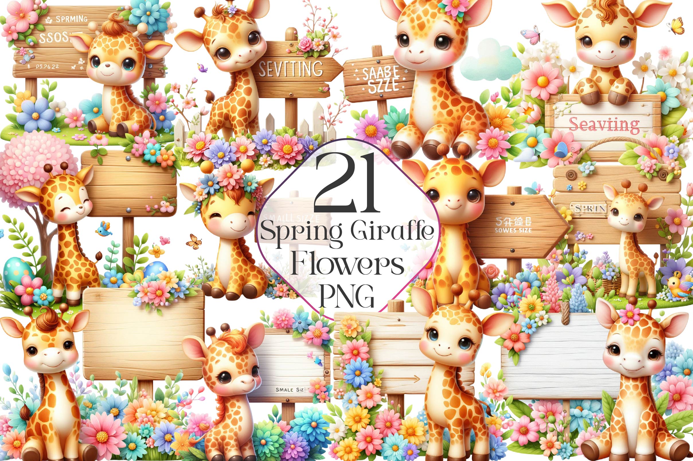 Giraffe Spring Flowers Clipart Bundle 2