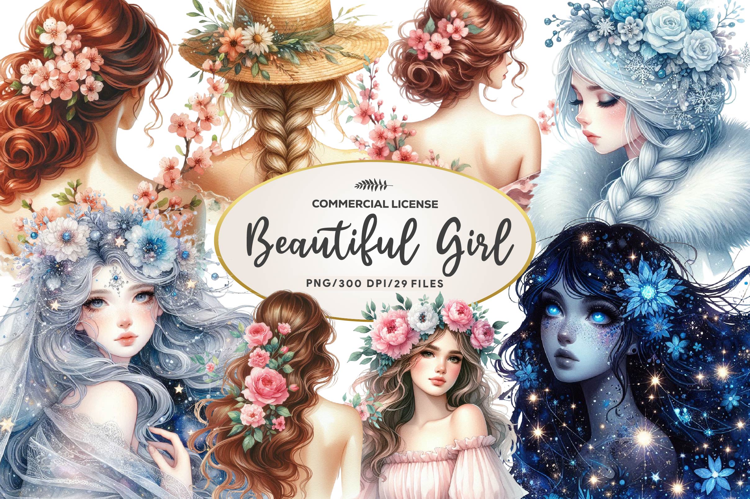 Beautiful Girl Back View With Flowers Clipart Bundle