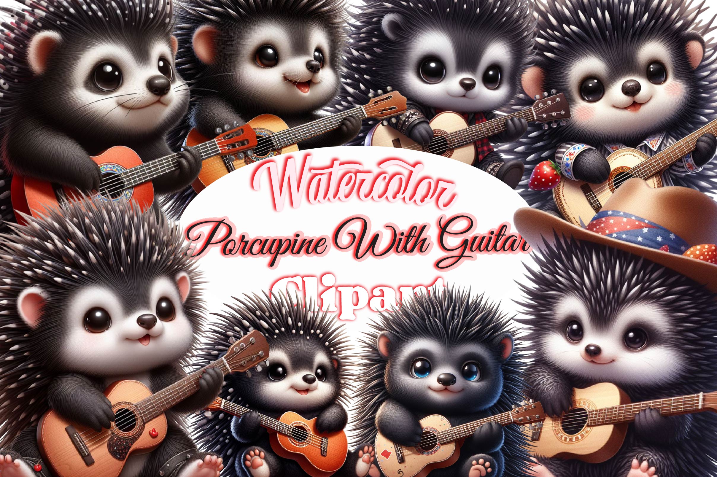 Porcupine With Guitar Clipart Bundle