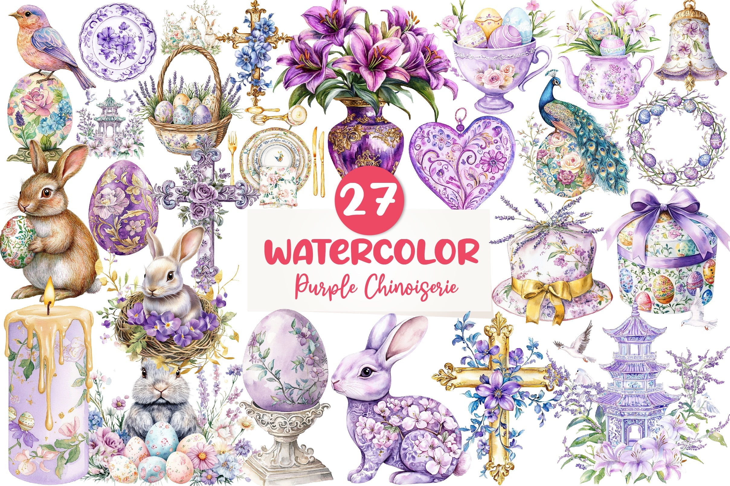 Purple Chinoiserie Easter Clipart Bundle