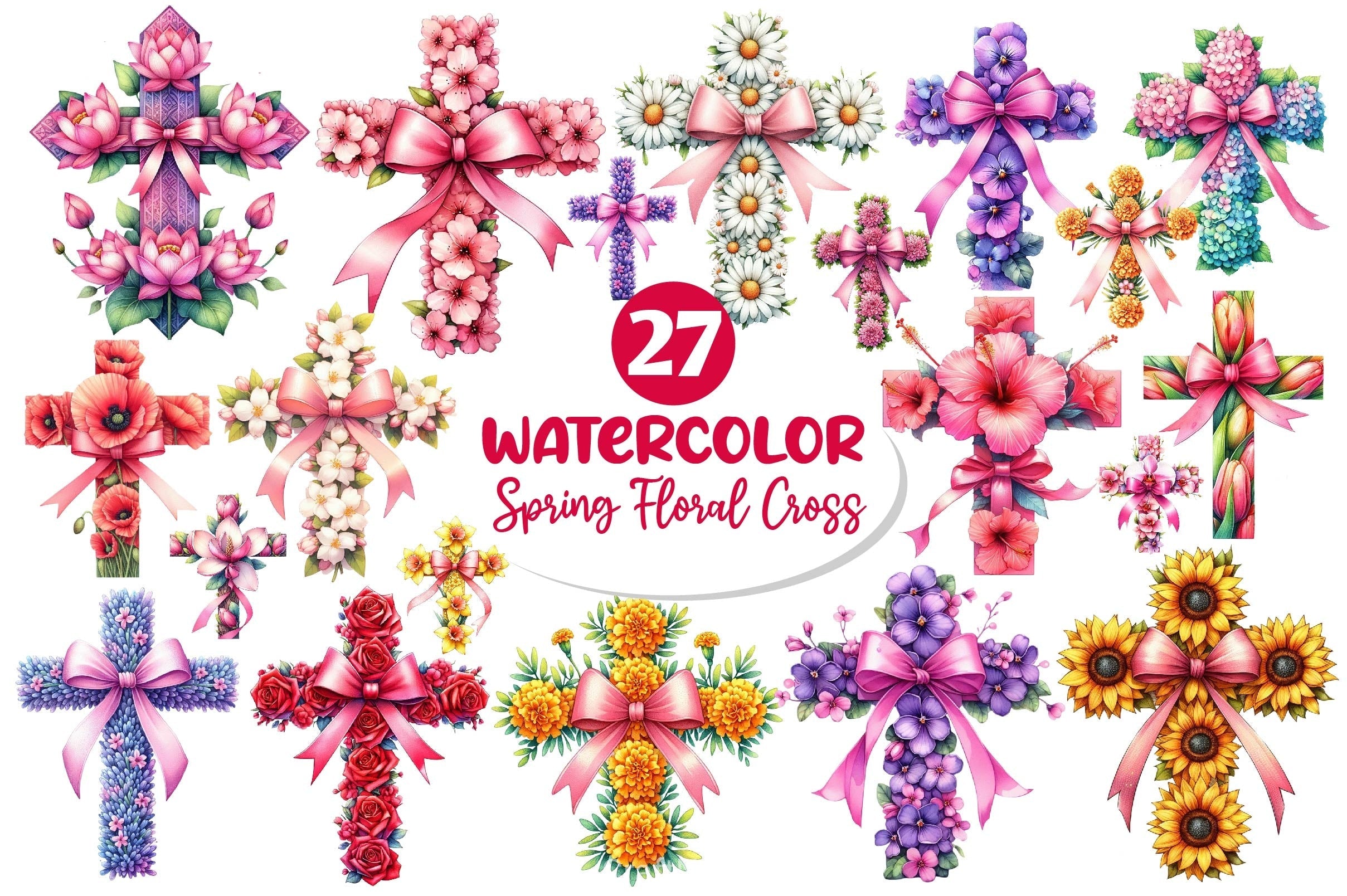 Spring Floral Cross Coquette Bow Clipart Bundle 2