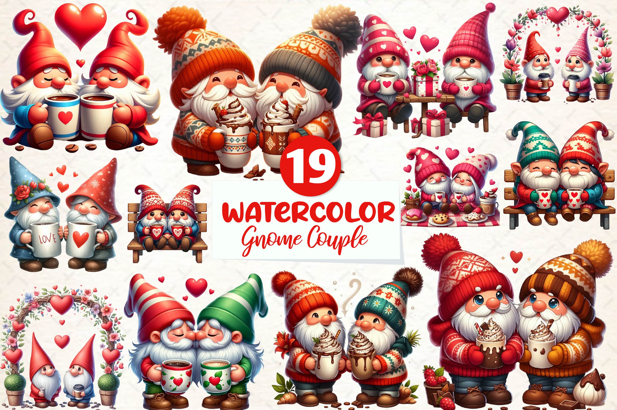 Valentine Gnome Couple Coffee Cup Clipart Bundle