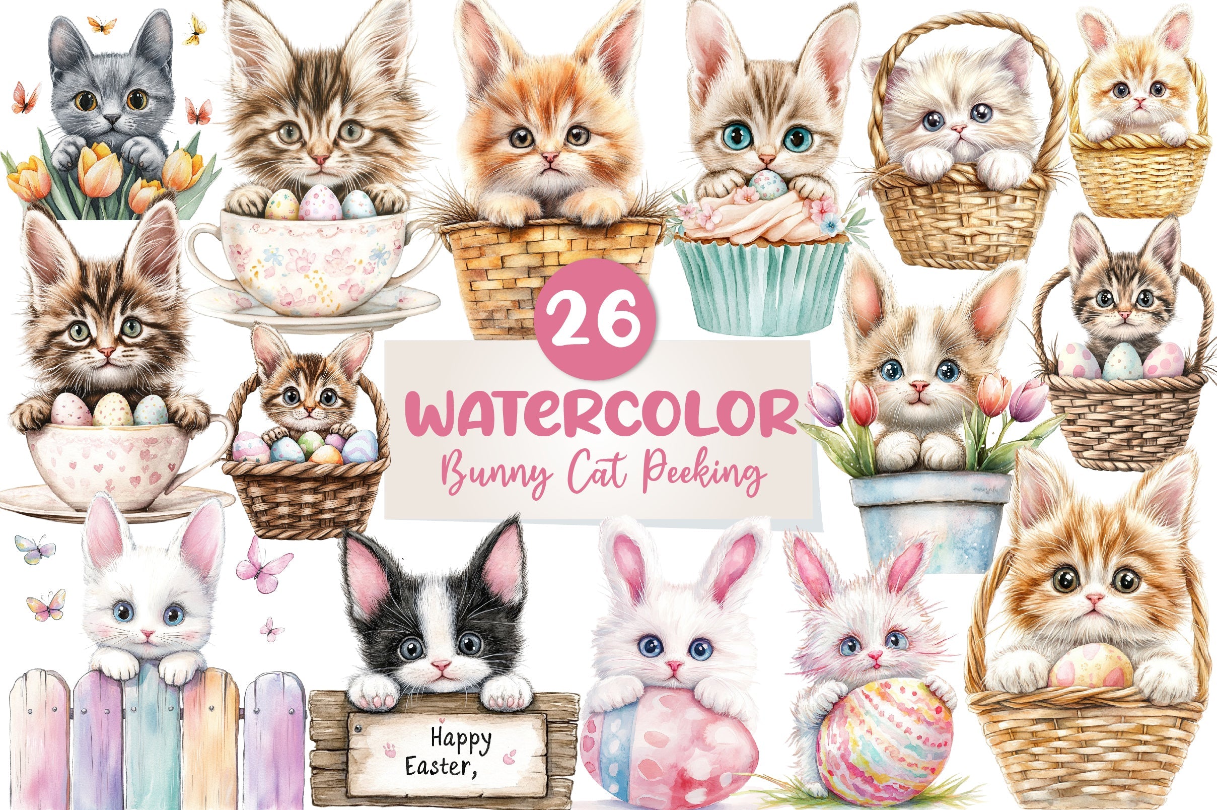 Easter Bunny Cat Peeking Clipart Bundle